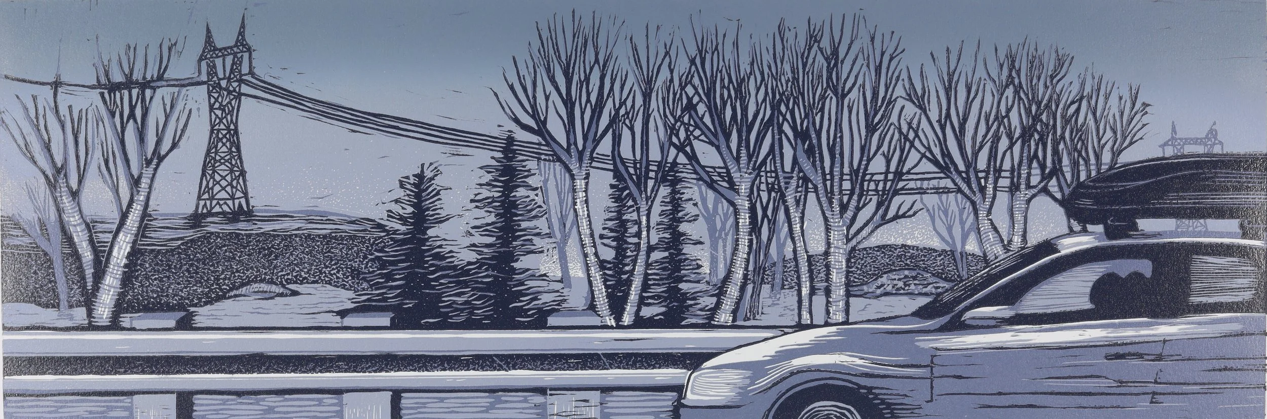 Crossing (2022), 23cm x 69cm, Linocut 