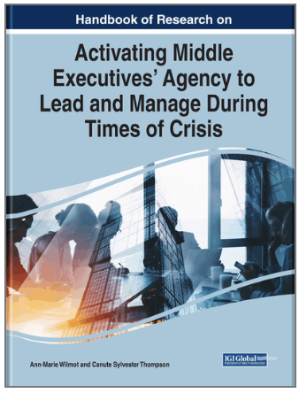 Cover of a handbook titled 'Activating Middle Executives' Agency to Lead and Manage During Times of Crisis,' authored by Ann-Marie Wilmot and Canute Sylvester Thompson, with an image of business people in a modern office.