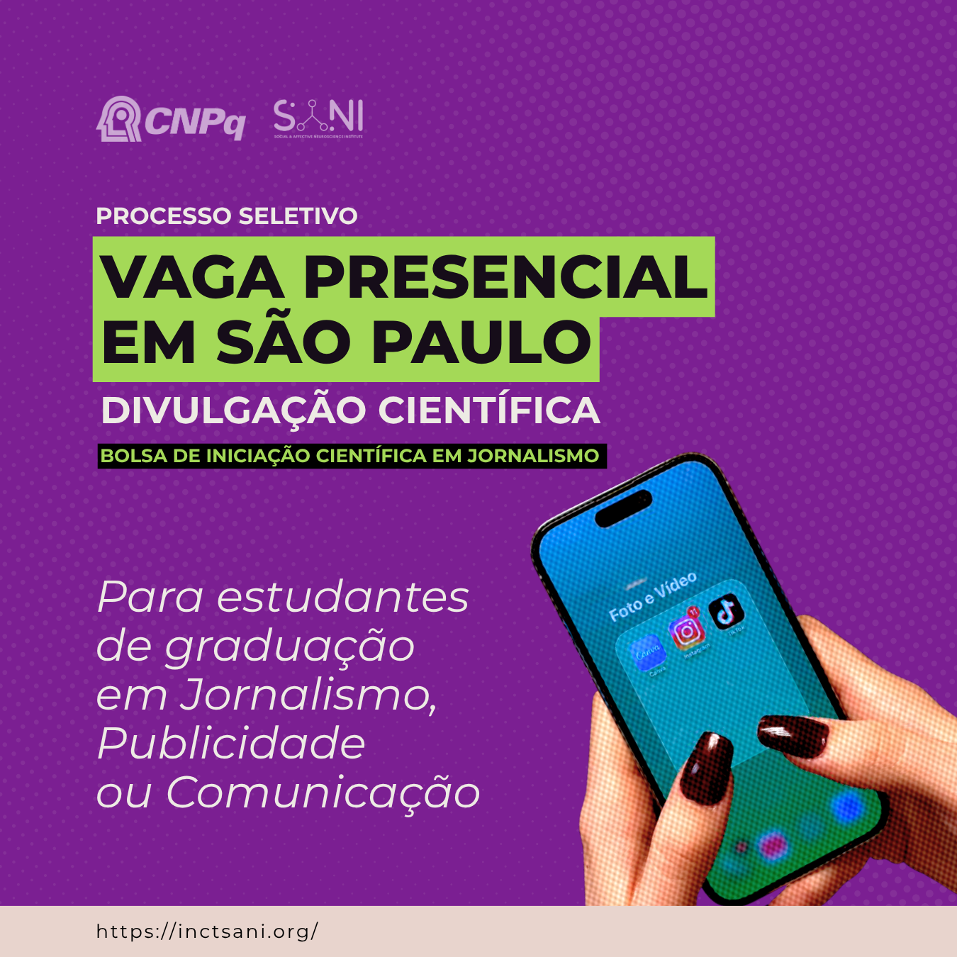 INCT-SANI ABRE SELEÇÃO PARA BOLSISTA DE INICIAÇÃO CIENTÍFICA