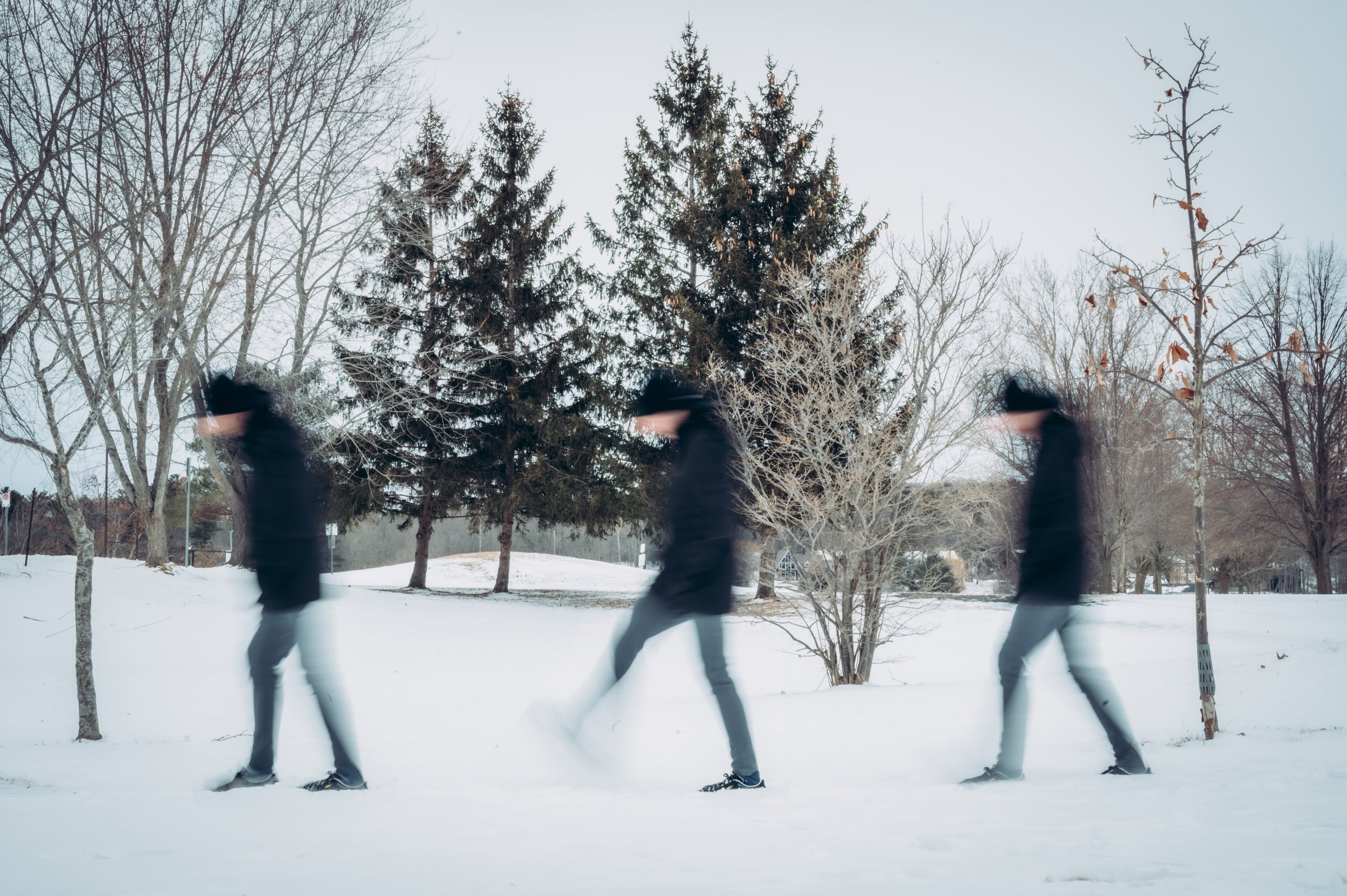 Three blurred figures walking in a snowy park with leafless and evergreen trees.