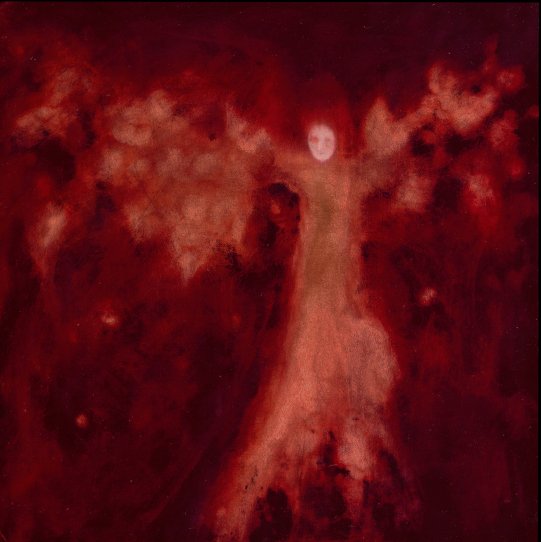 Painting of gold fiery angel with golden wings on dark red background