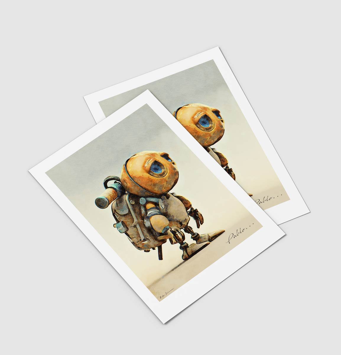 Andy Skinner Fine art lim print of a robot wearing a backpack painted by artist Andy Skinner
