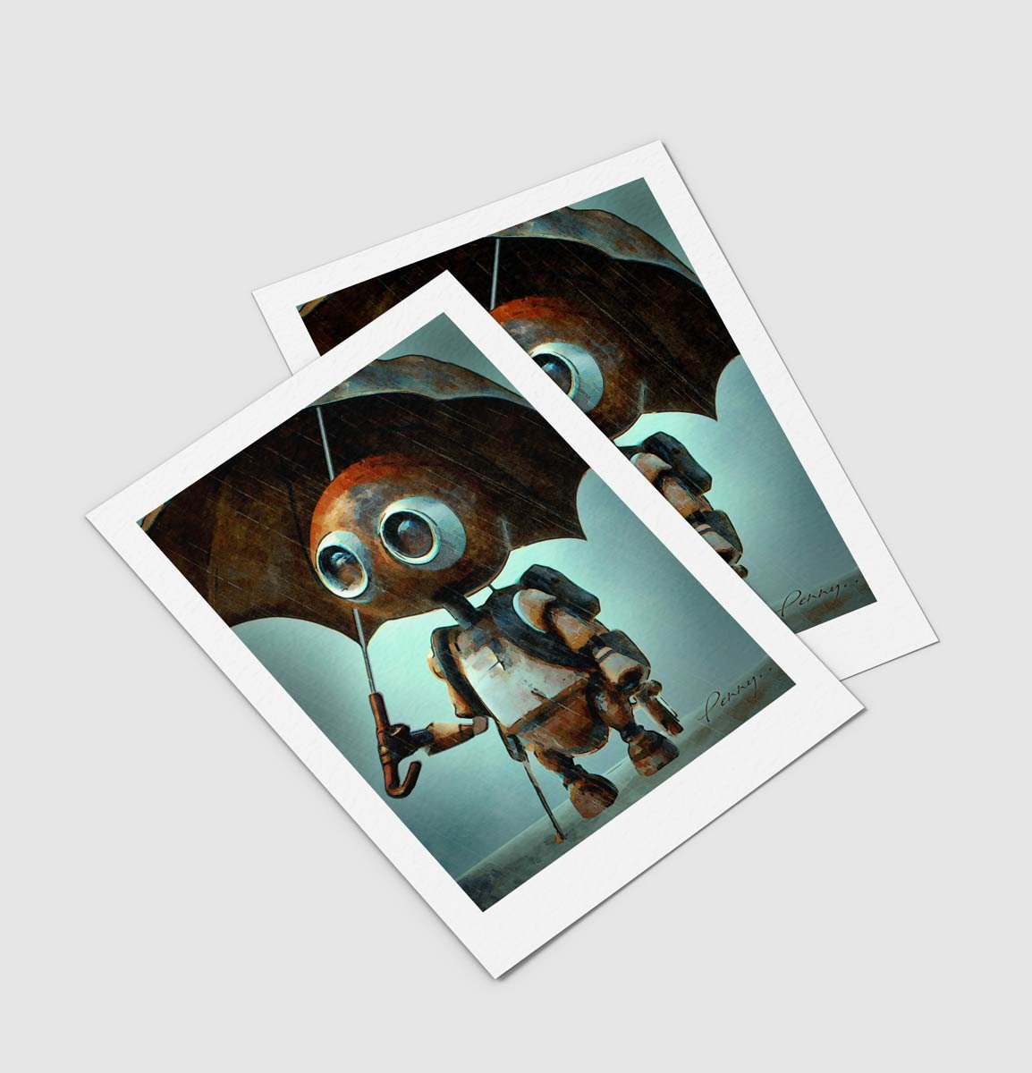 Andy Skinner Fine art print of a robot holding umbrella painted by artist Andy Skinner