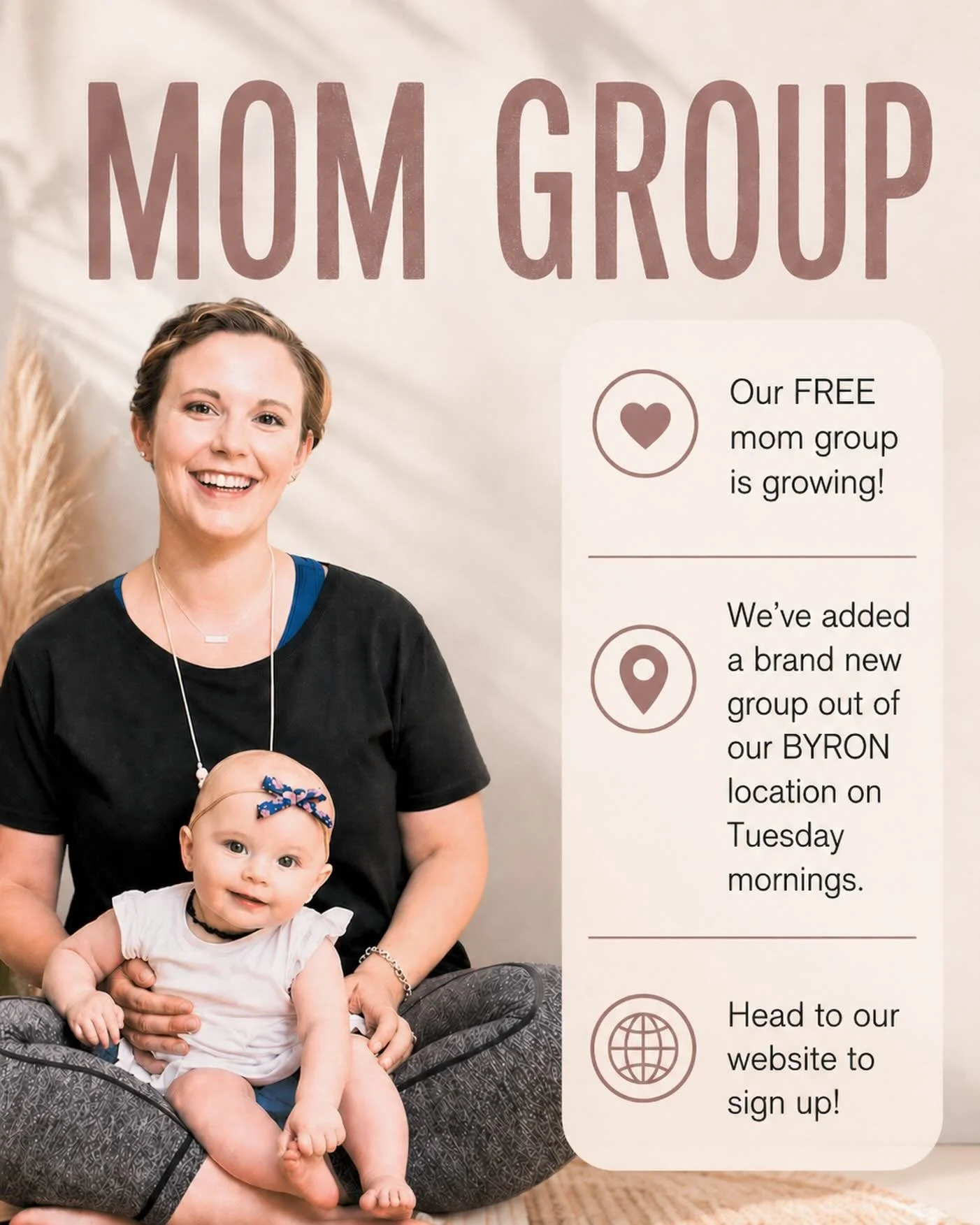 We love to see a packed studio space ❤️ due to popular demand, we&rsquo;ve added a second FREE mom group! Catch us Tuesday mornings at our BYRON location 🪴