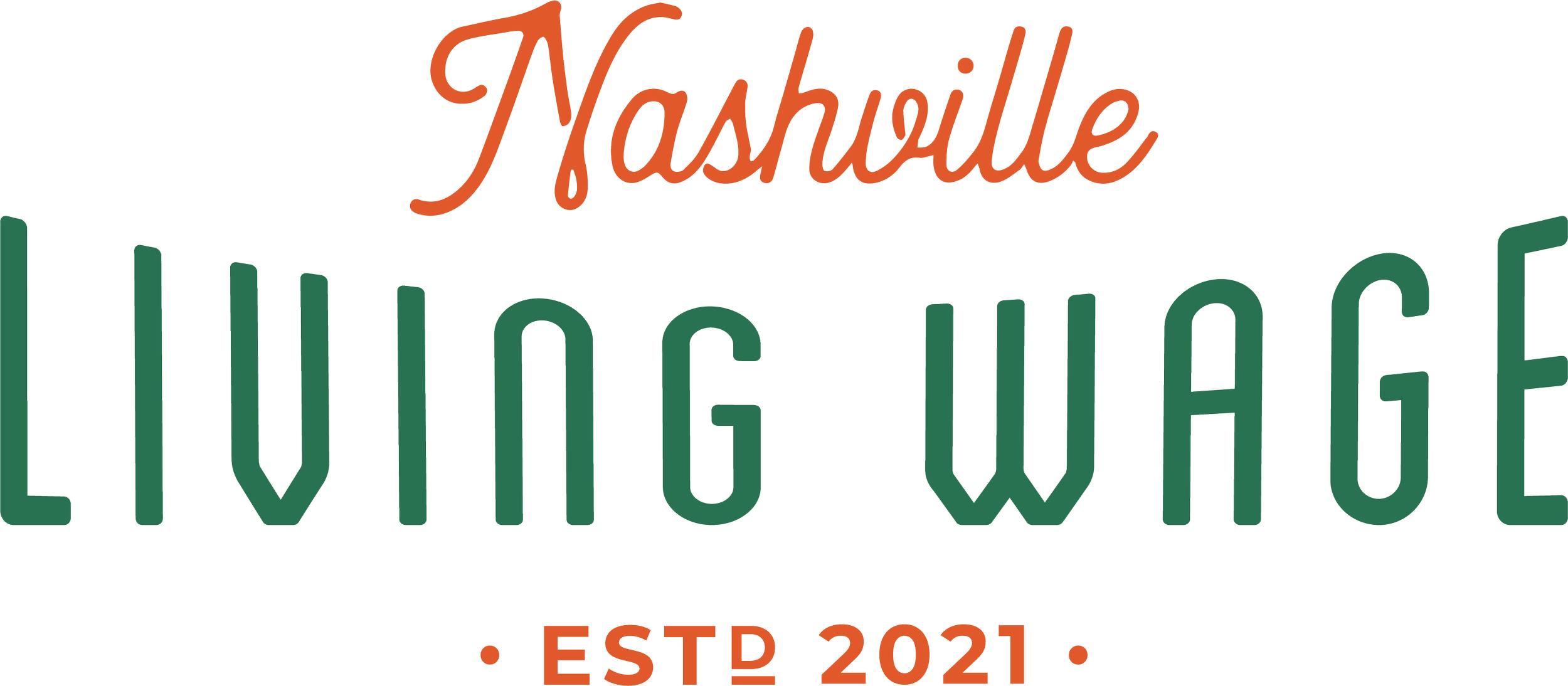 Nashville Living Wage logo with the words Nashville, Living Wage, EST 2021 in stylized fonts.