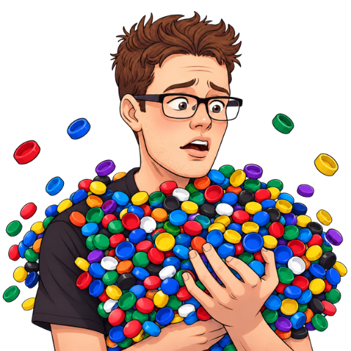The Lid Guy cartoon. Kieran overwhelmed by lids.