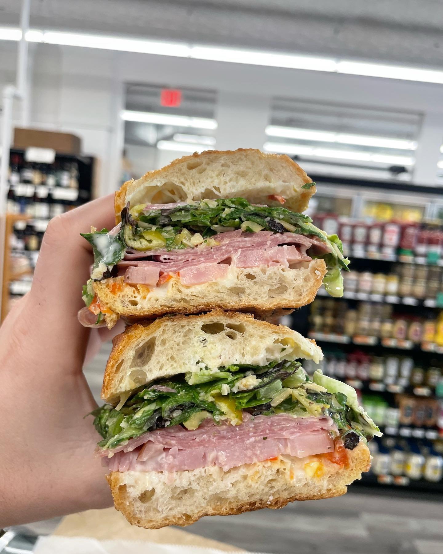 Happy Sunny (for now) Sunday! 

A very special sandwich today, introducing the MYSTIK DAN: ham, salami, shredded lettuce slaw (shreddy, pepperonicini, parm, parsley, garlic, vin) pickled red onion, hots, @dukes_mayonnaise , garlic &amp; herb butter o