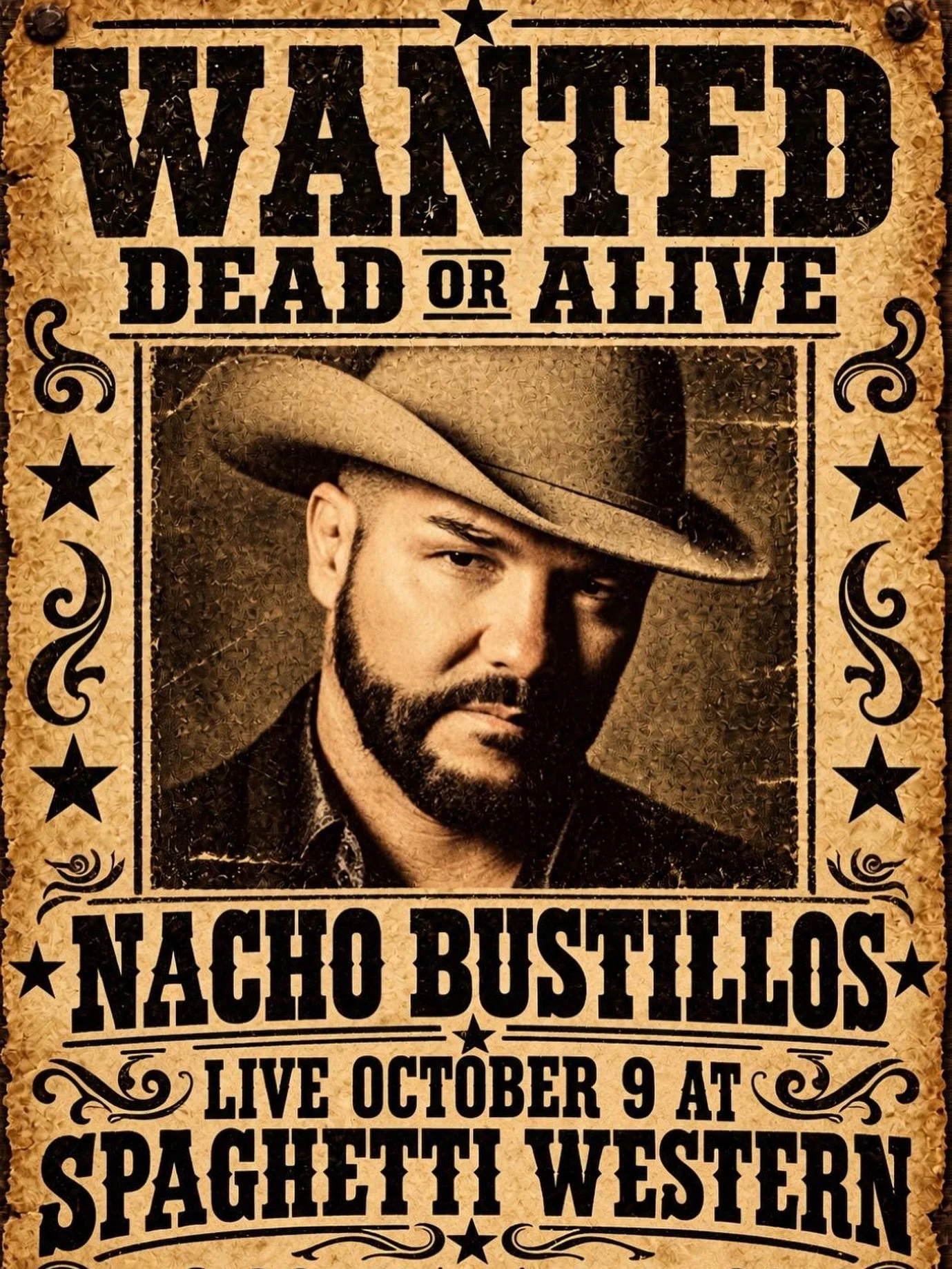 WANTED: Nacho Bustillos. 🤠

Last seen heading for Morongo Valley with a guitar and a full set.

Friday, October 9, he&rsquo;s live on the Spaghetti Western stage. Come early for pasta and a cocktail, stay for the show.

🎶 Nacho Bustillos, live
📅 F