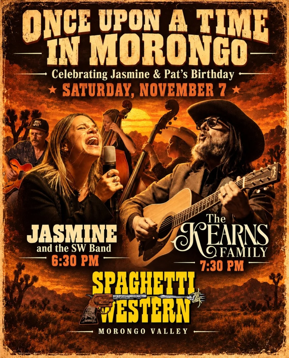 Two birthdays. One stage. We had to make a night of it. 🤠🎶🍝 

ONCE UPON A TIME IN MORONGO
Saturday, November 7th at Spaghetti Western

We&rsquo;re celebrating Jasmine &amp; Pat&rsquo;s birthdays the way we know best: with live music, good food, an