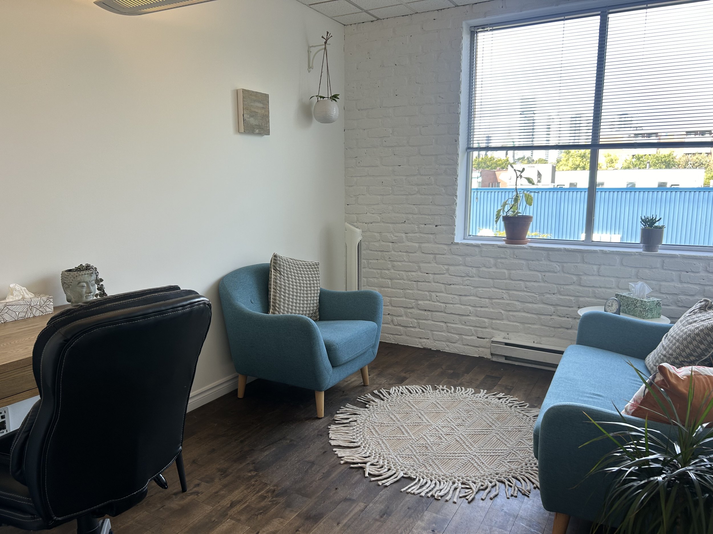 Office 1: This sunlit and cozy private clinical office is equipped with an armchair, loveseat, desk, office chair, and air purifier. Ideal for individual sessions, but can accommodate couples as well.