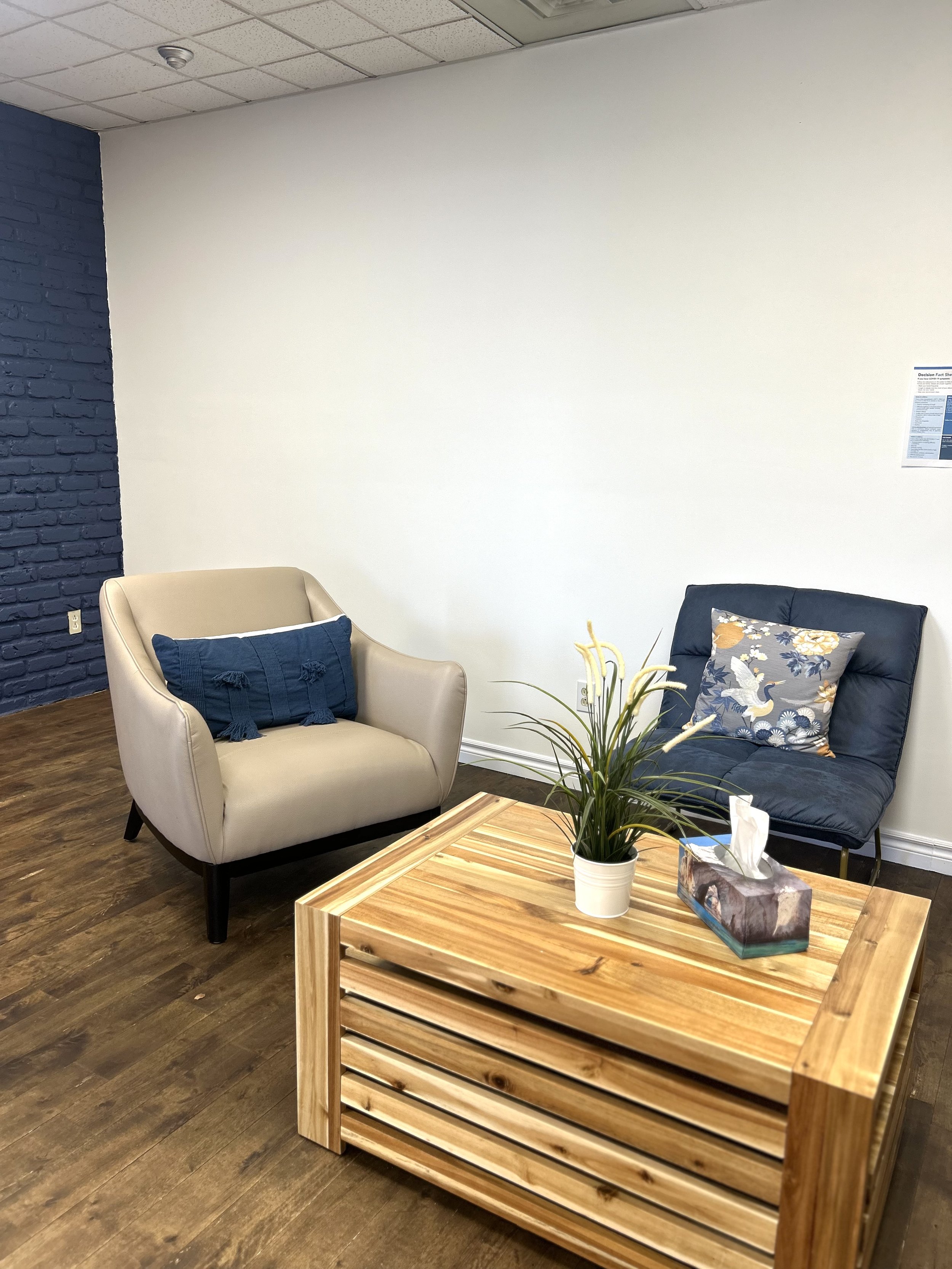 Our communal space serves as both a patient waiting area and a collaborative space for clinicians, where they can hold group meetings and work together. It includes comfortable seating, a table and chairs, along with a kitchen equipped with a fridge,