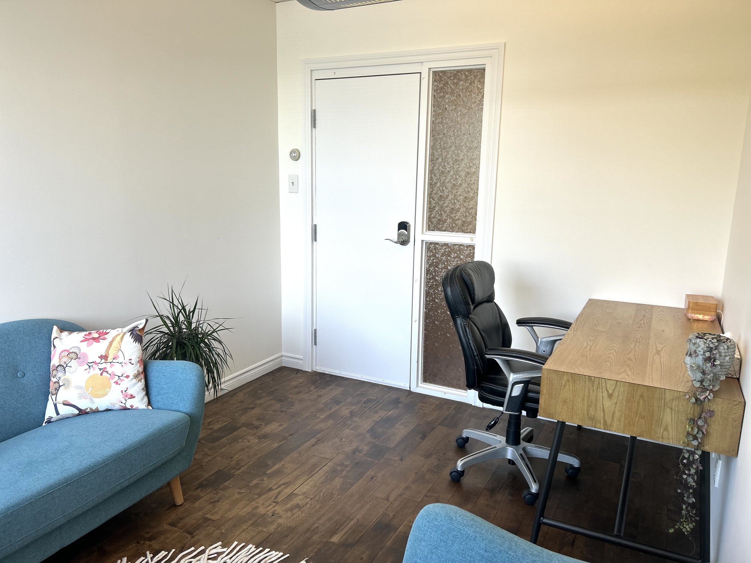 Office 1: This sunlit and cozy private clinical office is equipped with an armchair, loveseat, desk, office chair, and air purifier. Ideal for individual sessions, but can accommodate couples as well.