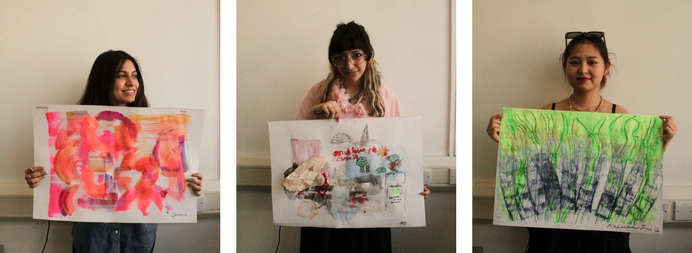 Fig. 2, 3, 4: Snapshots of participants with their artwork that they made using the soundscapes