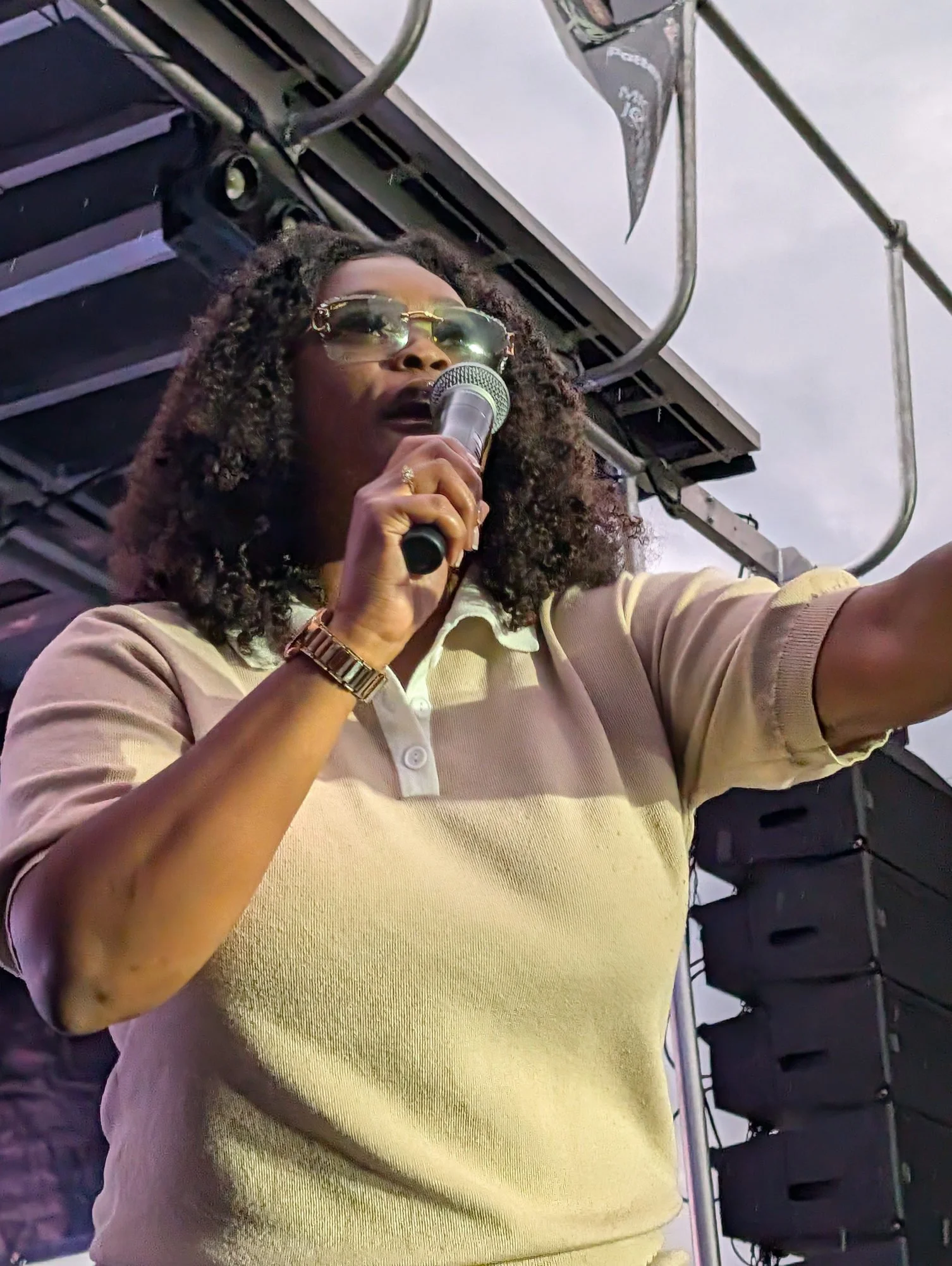 A vocalist reaching toward the audience at Live on the Vine.