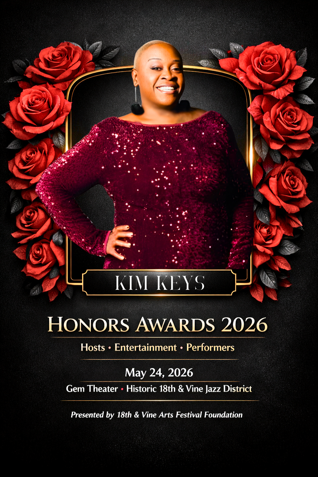 Event poster for Kim Keys' Honors Awards 2026. Features a woman in a sparkly red dress with a hand on her hip, surrounded by red roses, with event details including date, location, and organizer.