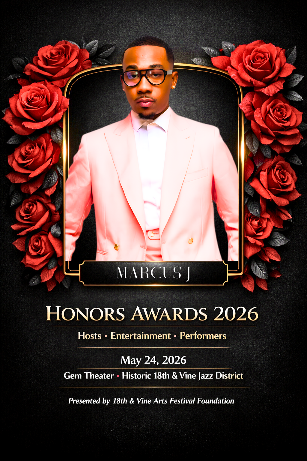 Promotional poster for the Honors Awards 2026 featuring a man in a pink suit with glasses, surrounded by red roses, with event details including date, location, and organizers.