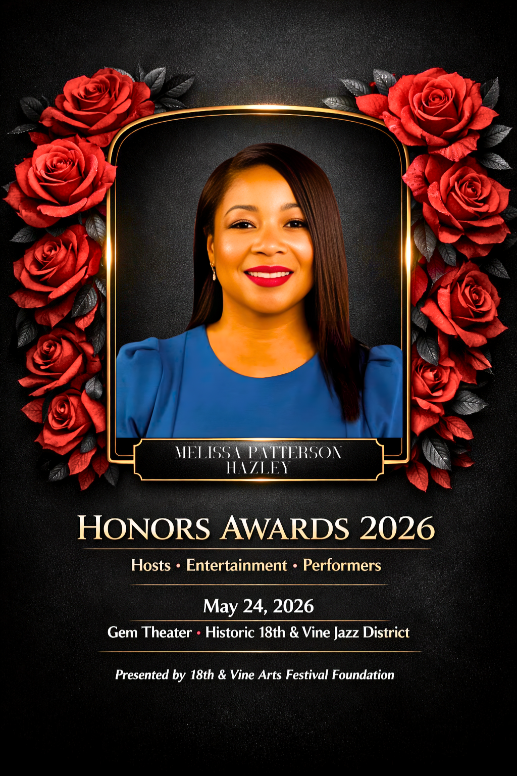 A promotional flyer for the Honors Awards 2026 event featuring a photo of Melissa Patterson Hazley, surrounded by red roses, with event details and date.