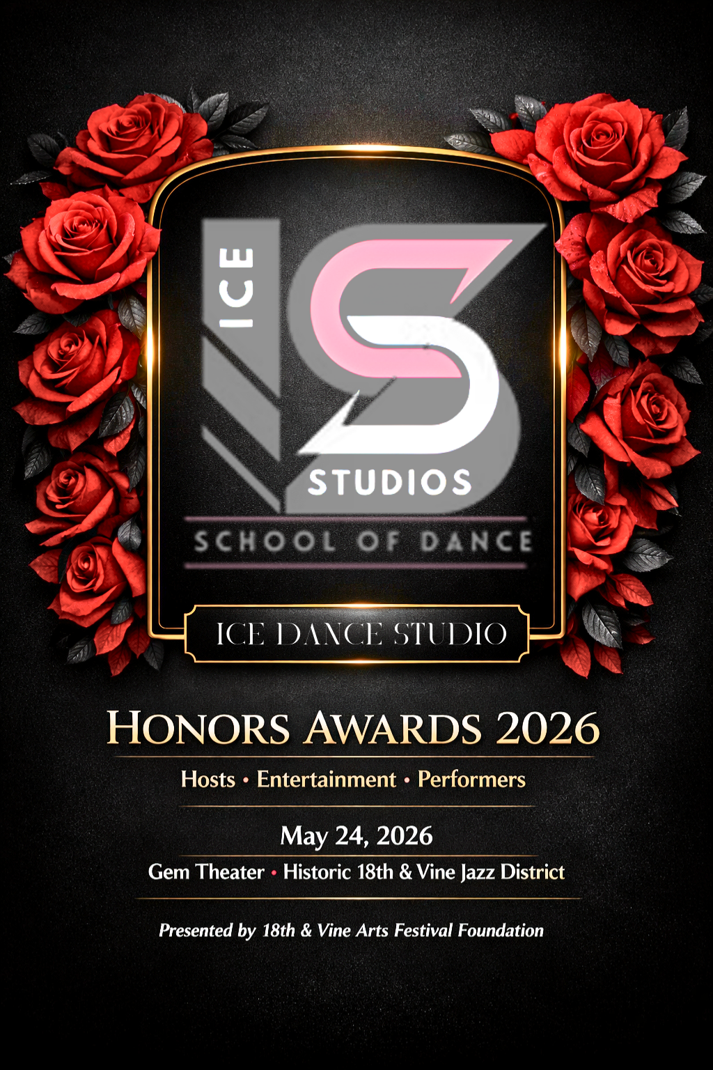 Event poster for Ice Dance Studio Honors Awards 2026, featuring a logo with roses on the sides, details about the event date, location, and hosts.