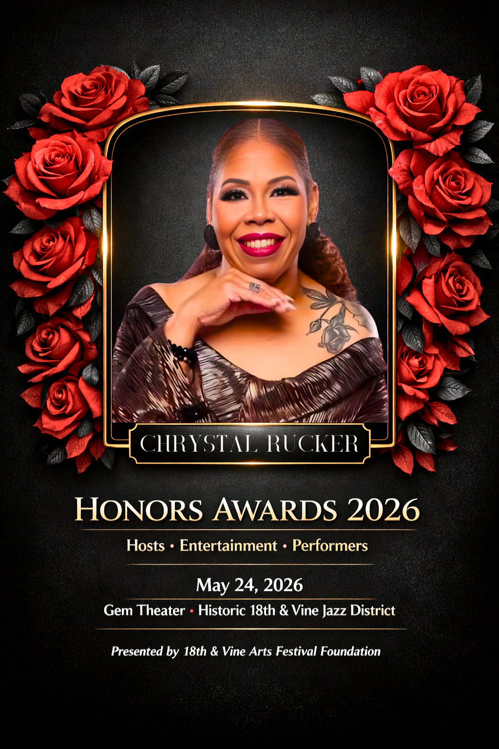 Poster for the 2026 Honors Awards featuring a photo of Chrystal Rucker, surrounded by red roses, with event details such as date, location, and sponsorship.
