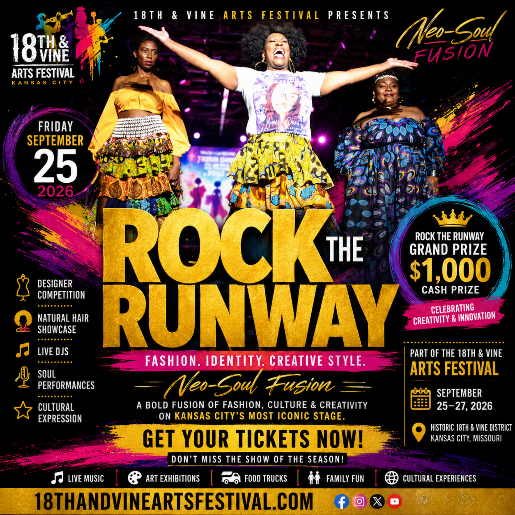 Event poster for the 18th & Vine Arts Festival in Kansas City, Missouri, held from September 25 to 27, 2026. The poster features three women dressed in colorful, patterned clothing performing on stage with bright lights and vibrant background. It includes information about festival activities such as live music, art exhibitions, food trucks, family fun, and cultural experiences, along with a call to buy tickets online.