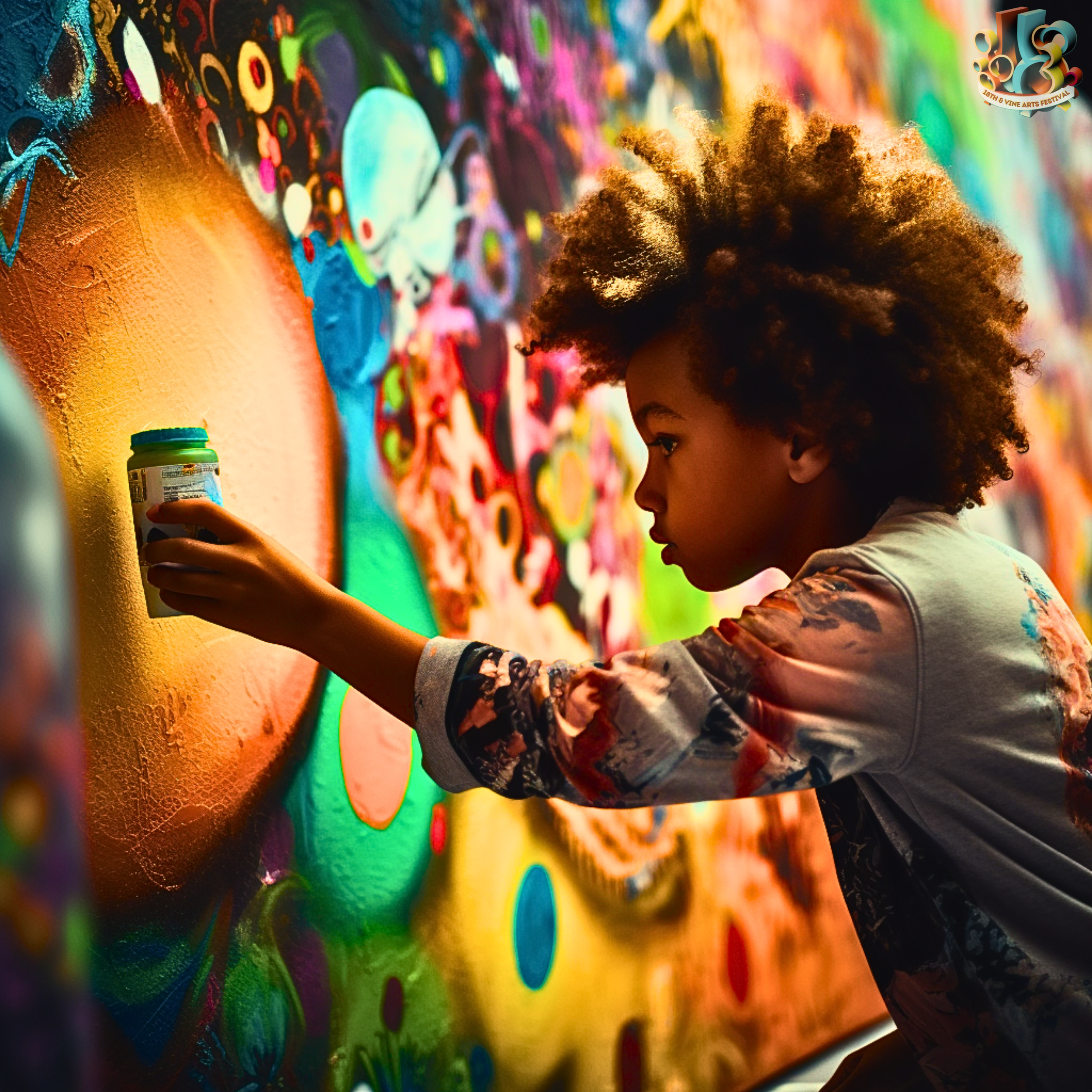Child painting colorful graffiti mural on wall.