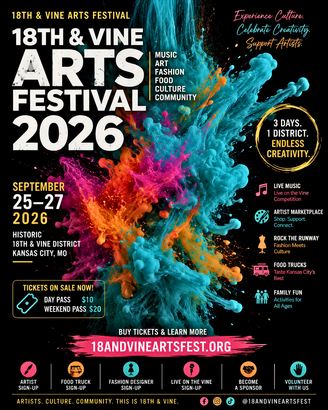 Event poster for the 18th & Vine Arts Festival 2026, taking place September 25-27 in Kansas City, Missouri, featuring music, art, fashion, food, and community activities, with colorful paint splashes and icons for live music, artist marketplace, fashion, food trucks, and family activities.
