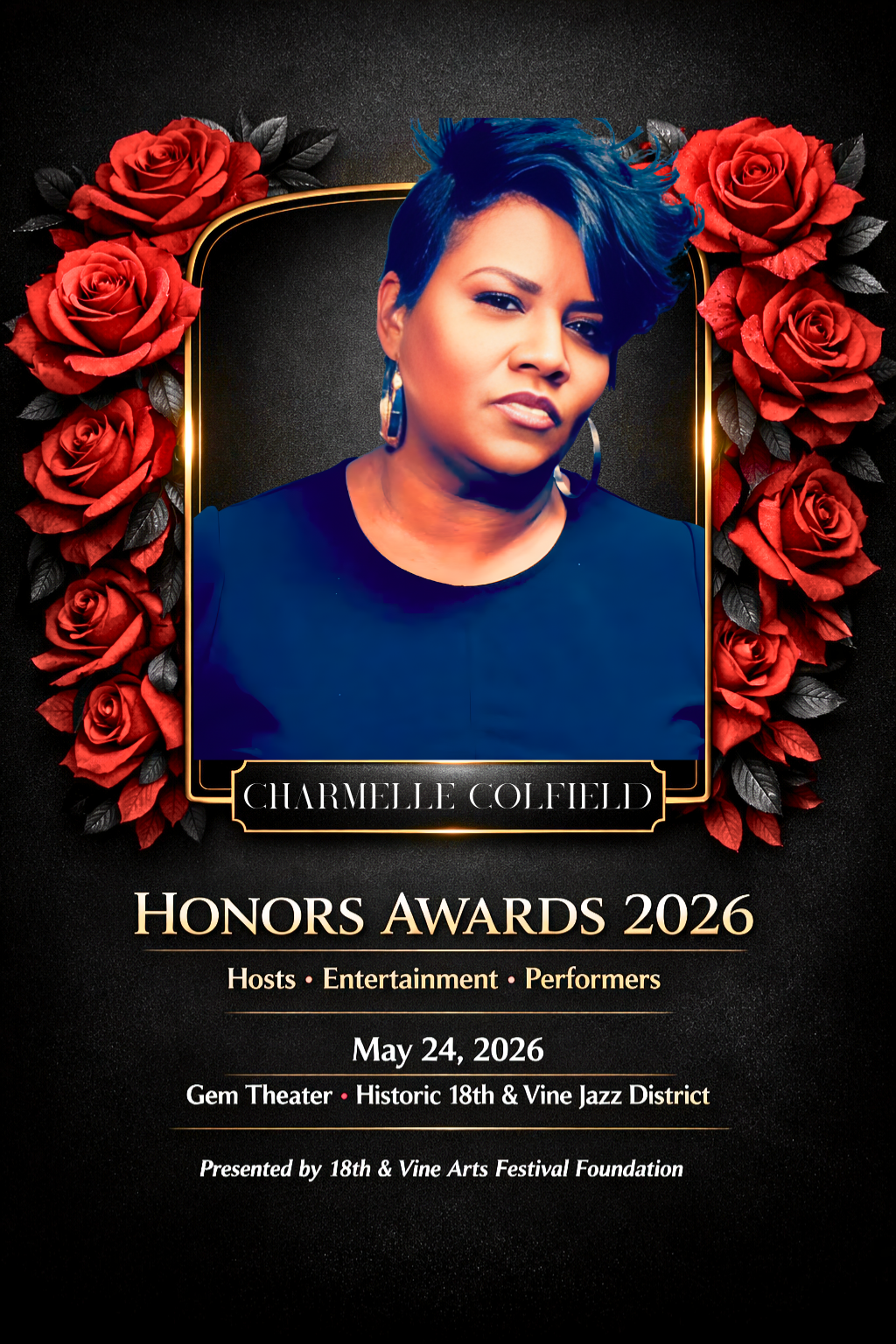 Poster for Charmelle Colfield's Honors Awards 2026, featuring her portrait, surrounded by red roses, with event details including date, location, and organizers.