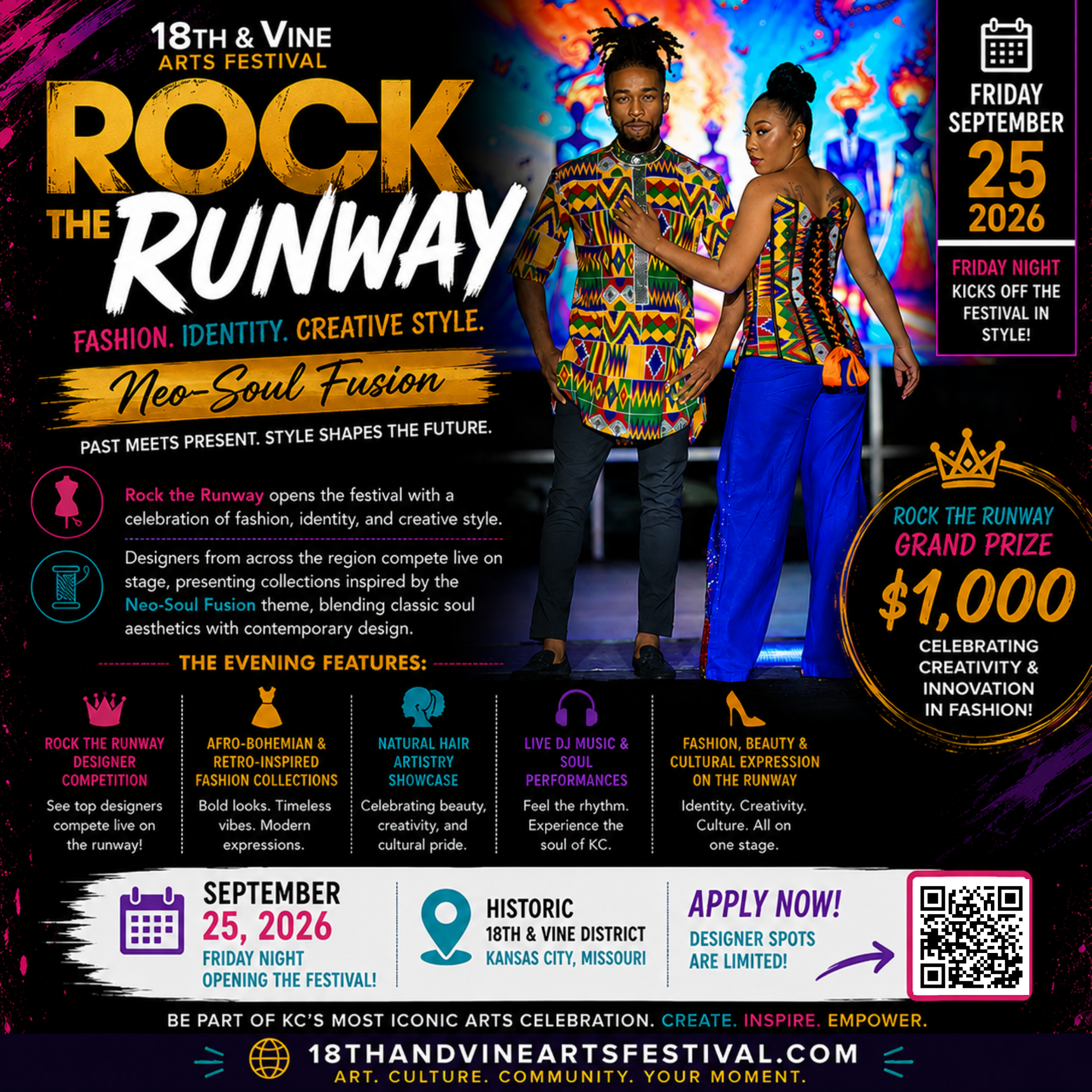 Poster for the 18th and Vine Arts Festival featuring the theme 'Rock the Runway' with fashion, identity, and creative style. It shows two models in colorful African-inspired clothing on a runway background, with event details such as date, September 25, 2026, and location, 18th and Vine District in Kansas City, Missouri. The poster emphasizes cultural celebration and fashion innovation.