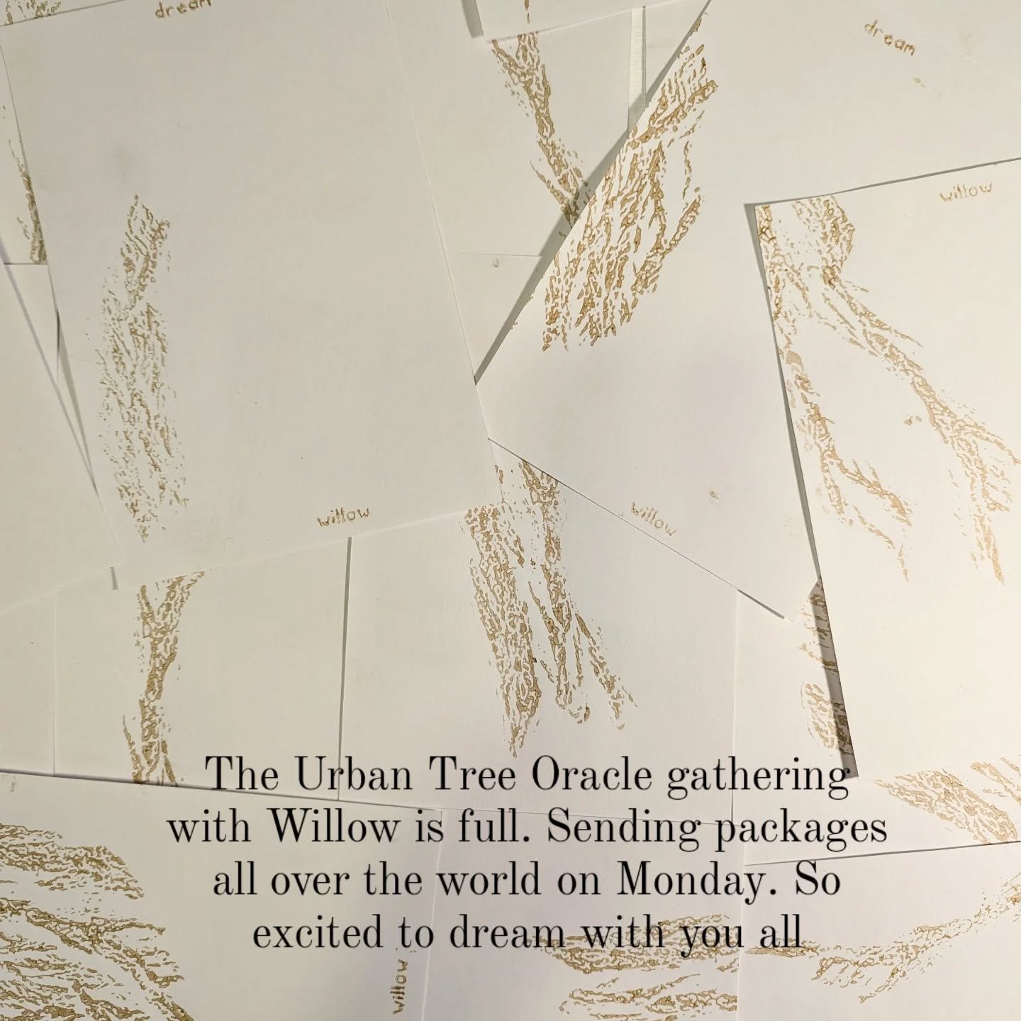 The Urban Tree Oracle gathering with Willow in March takes place at a distance through the postal service, which feels like a beautiful way to draw attention to its importance in our lives at this moment. All the spots are full and I'm sending packag