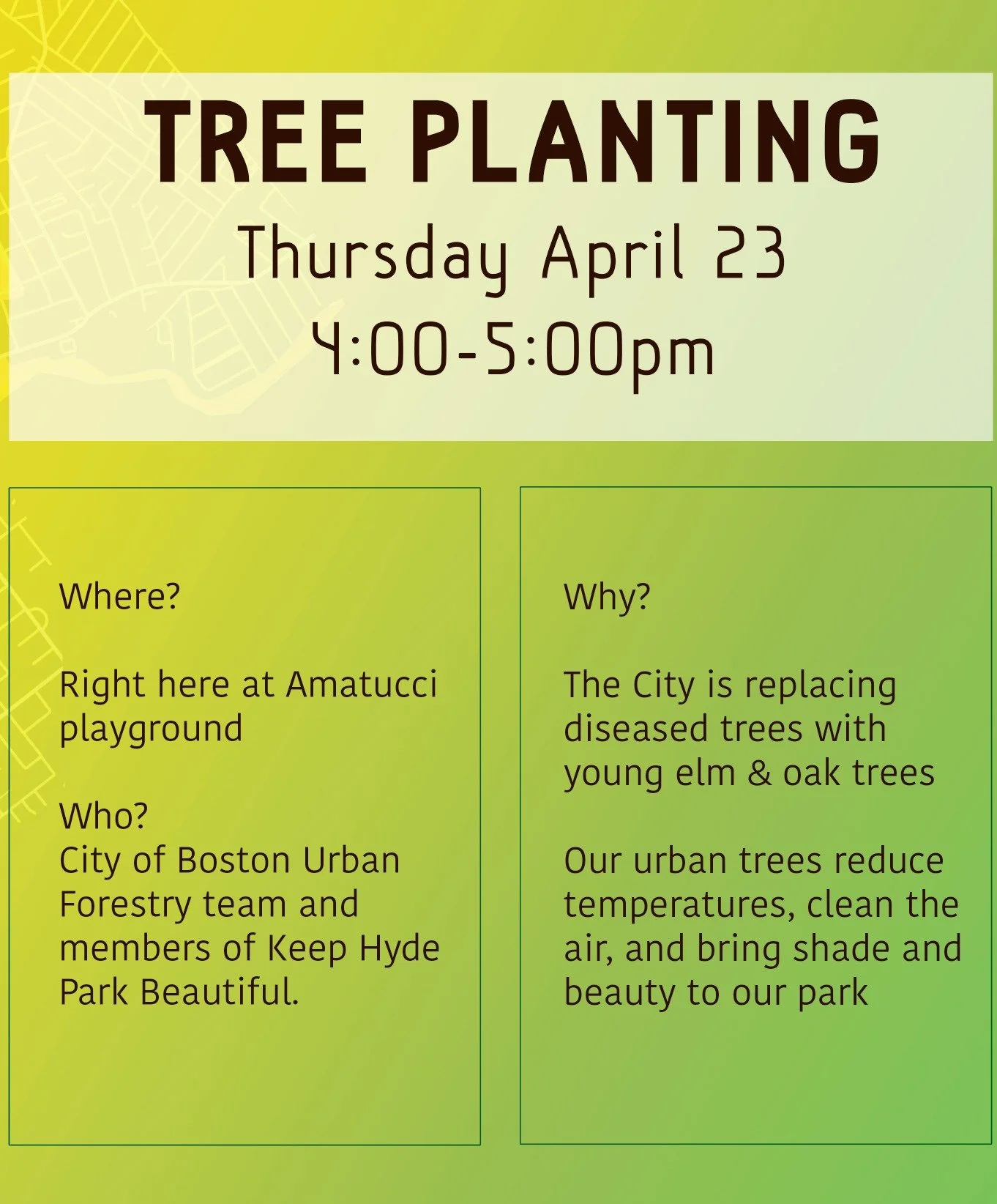 Tomorrow: Tree Planting at Amatucci Playground in Hyde Park, right on Hyde Park Avenue: Thursday 4/23 4-5pm! 
Do you live near the playground? We are replacing the Ash trees that were diseased with young elm and oak trees. Join us to learn more about