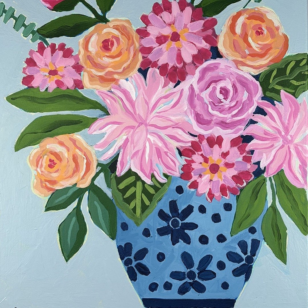 Bouquet with lots of pretty bright flowers, in a very loose blue chinoiserie vase, I really enjoyed painting this one, Acrylic on 16x20 inch Canvas Panel . . . #paintingflowers #dailypainting #floralpainting #painting #orginalartwork #acrylicflorals 
