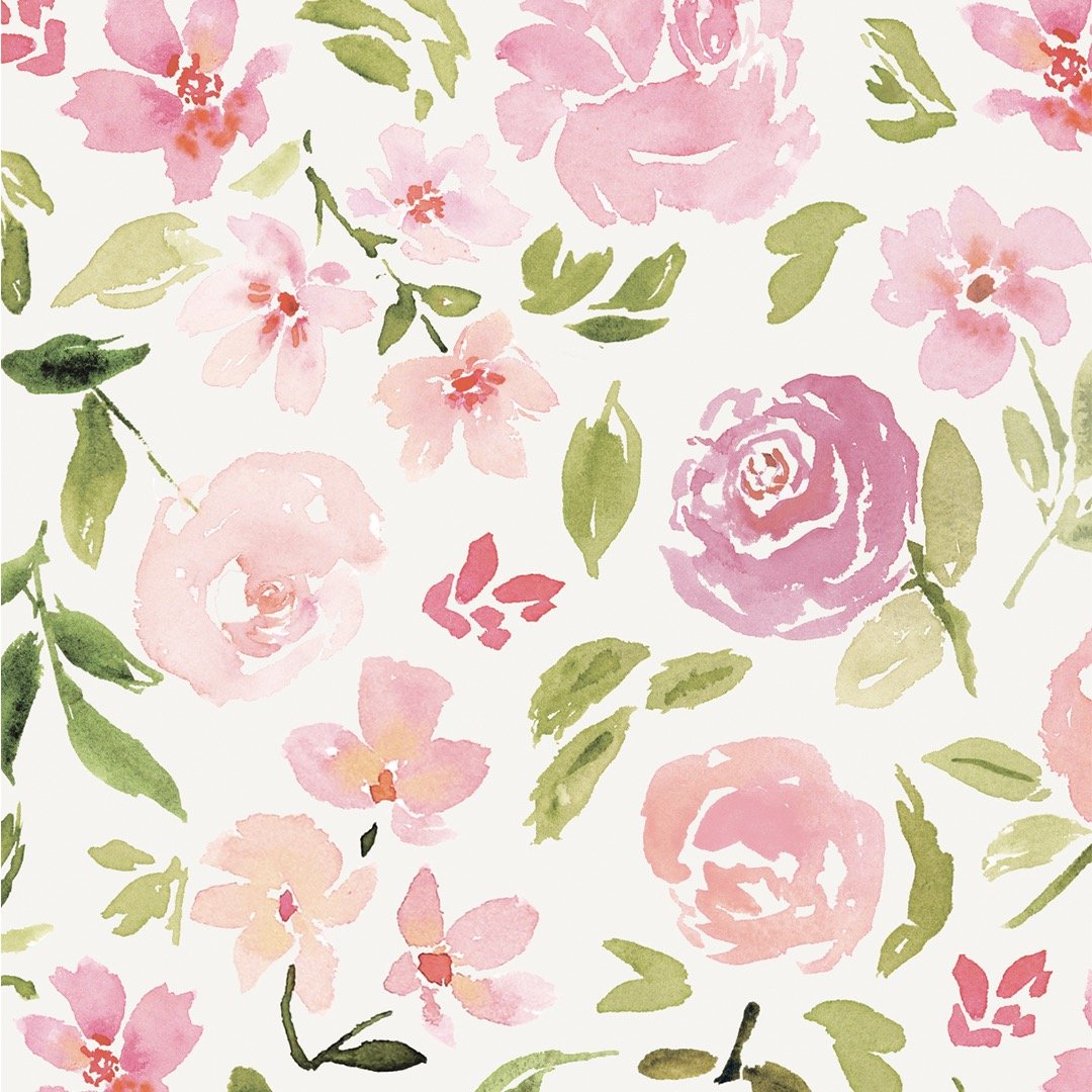 Blushing Garden Watercolor Floral Bedding, Fabrics &amp; Wallpaper: 
A soft watercolor floral pattern featuring blush pink florals and green leaves on an off-white (or white) background. Available in a Large or Small Scale version. This hand-painted 