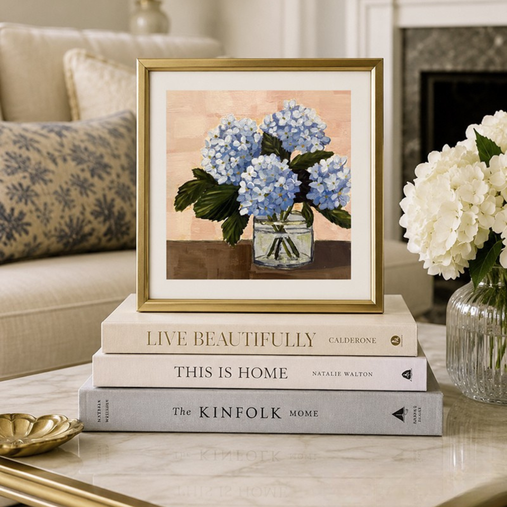 original 8x8 hand painted blue hydrangeas on modern blush background