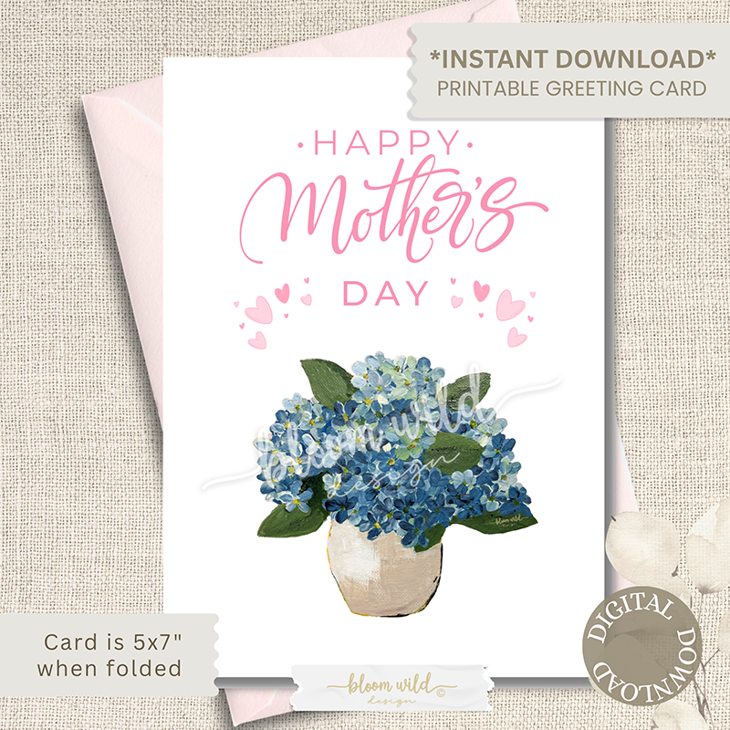Blue Hydrangea Mother's Day Card,  (Digital Download)