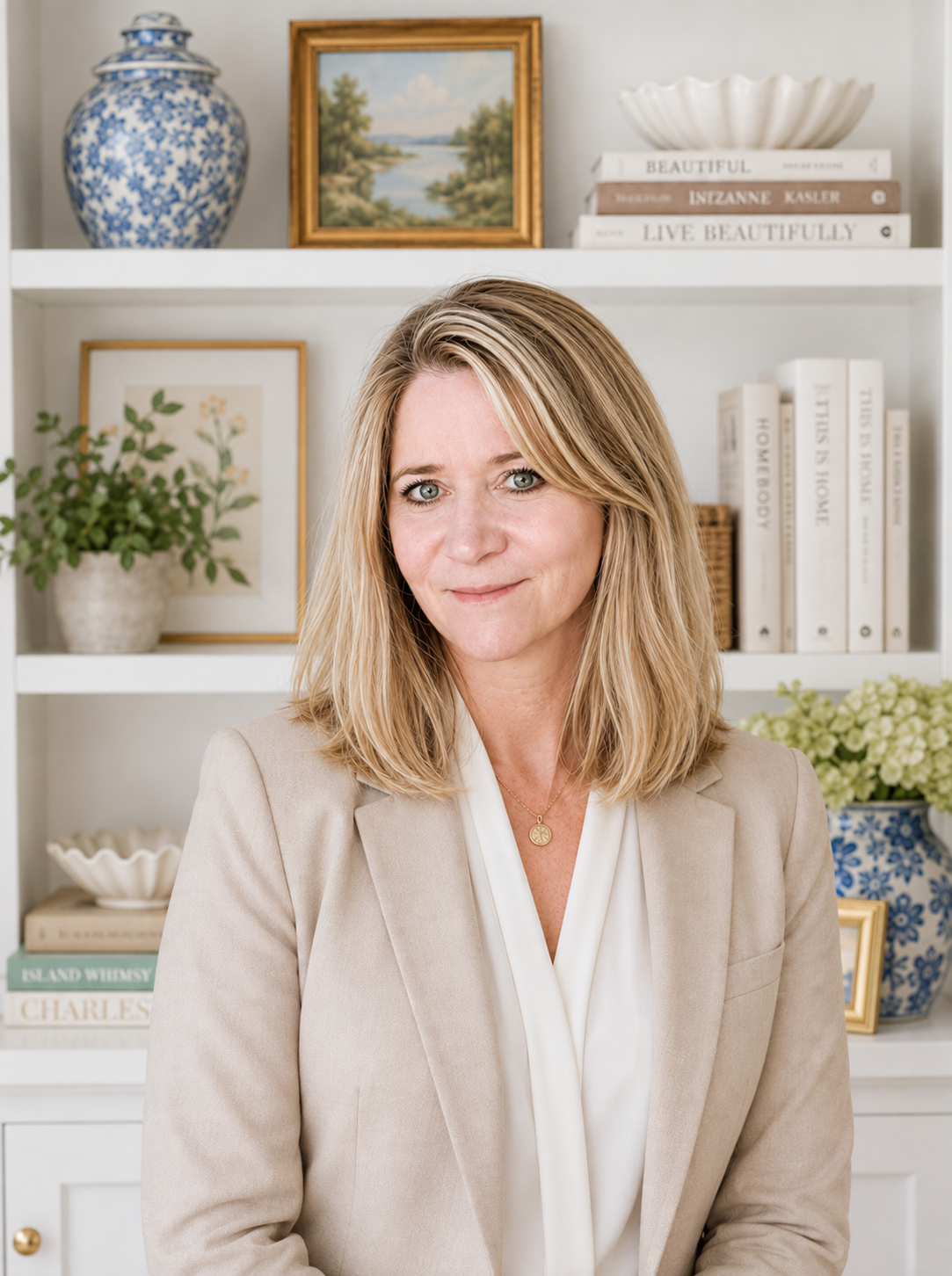 A woman with blonde hair and blue eyes, dressed in a light-colored blazer and white blouse, sitting in front of a white bookshelf filled with decorative items, books, and framed art.