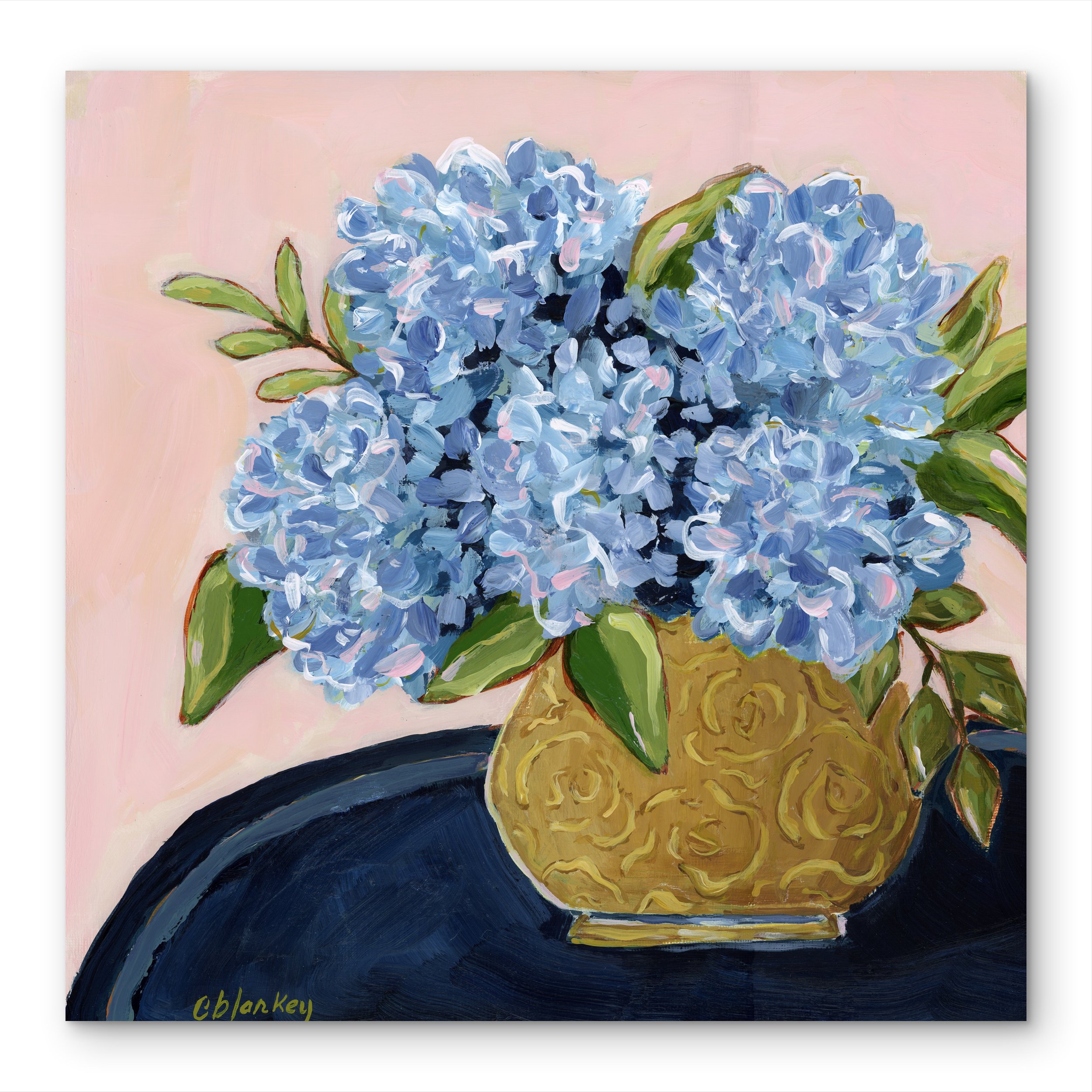 Hand painted blue hudranges in gold vase.jpeg