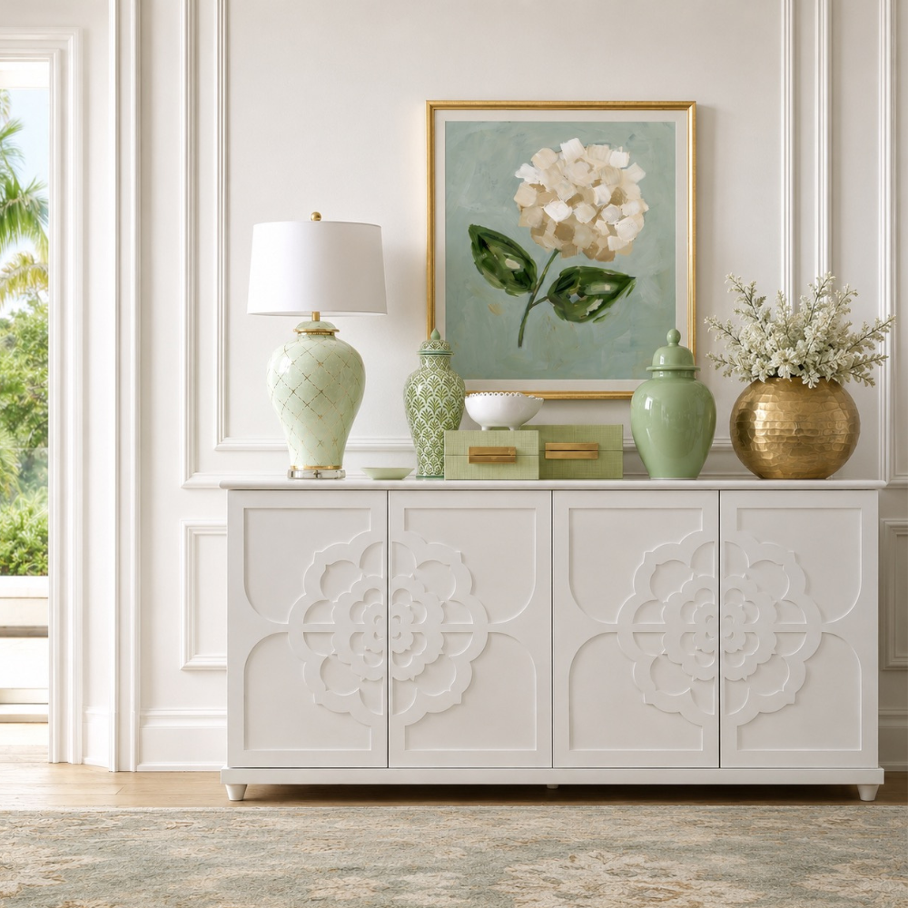 hand painted creme white hydrangea on sage green background wall art for foyer