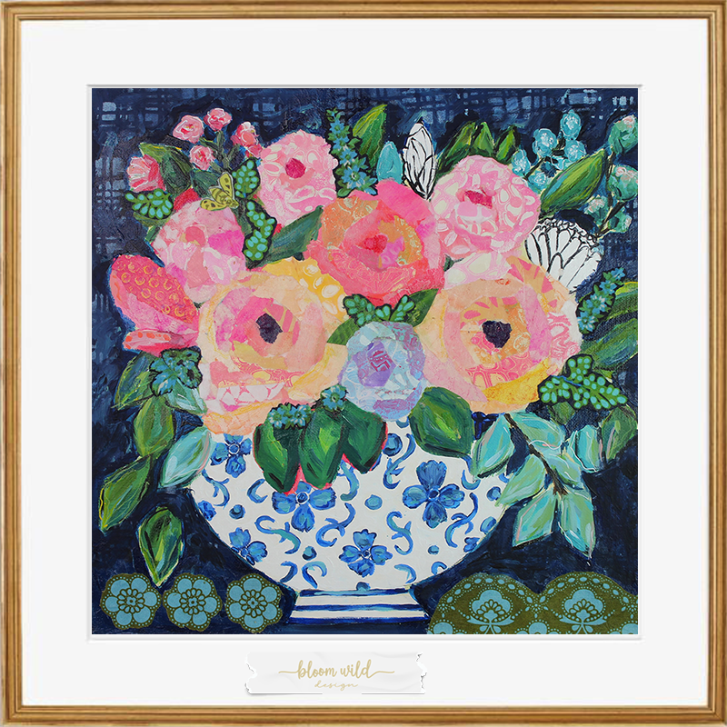 floral collage art blue white chinoiserie vase pink salmon flowers