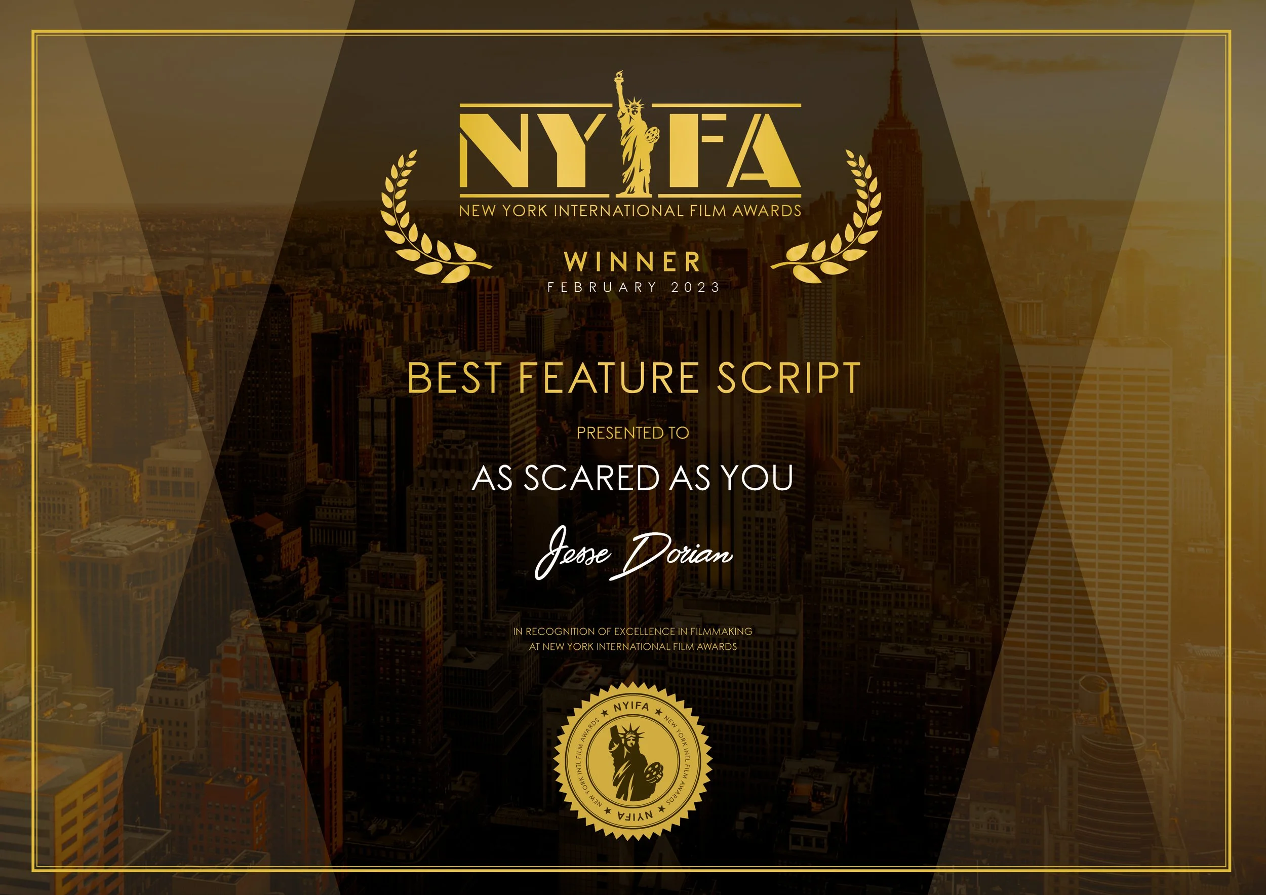 AS SCARED AS YOU NYIFA Best Feature Script Certificate.jpg