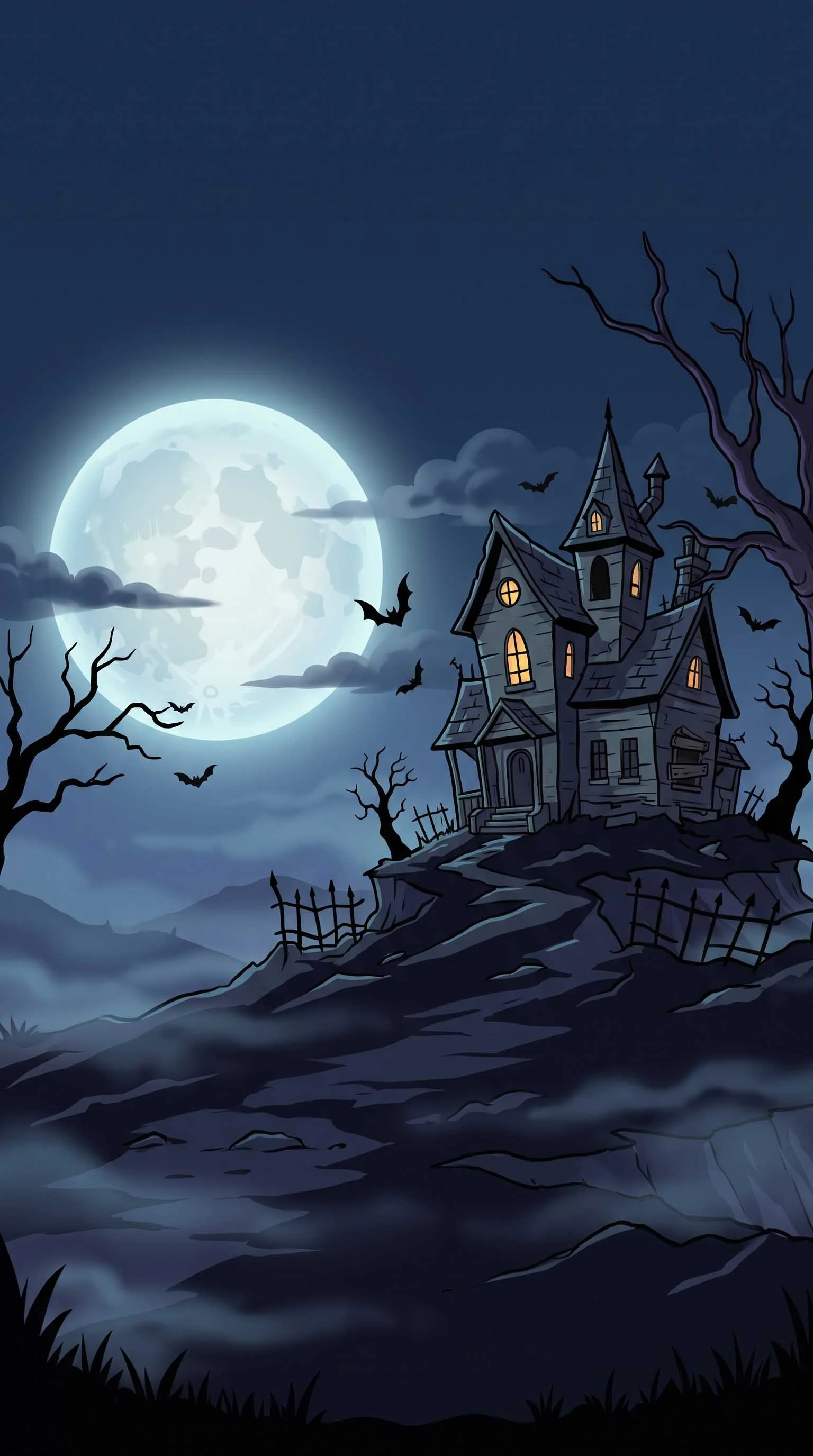 A spooky, haunted house on a hill under a full moon with bats flying and leafless trees in the background.
