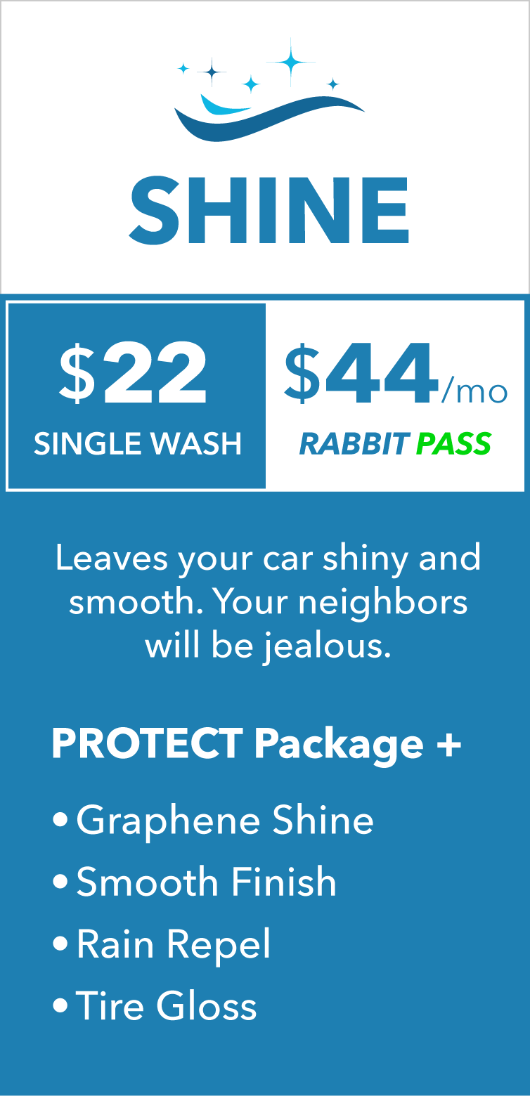 SHINE car wash option, featuring the SHINE logo, $20 single wash or $44 monthly unlimited RABBIT PASS, and highlights of wash option features: PROTECT package + graphene shine, smooth finish, rain repel, and tire gloss.