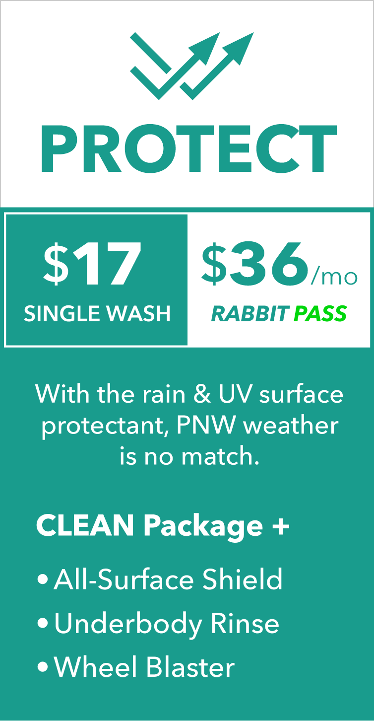 PROTECT car wash option, featuring the PROTECT logo, $16 single wash or $36 monthly unlimited RABBIT PASS, and highlights of wash option features: CLEAN package + all-surface shield, underbody rinse, and wheel blaster.