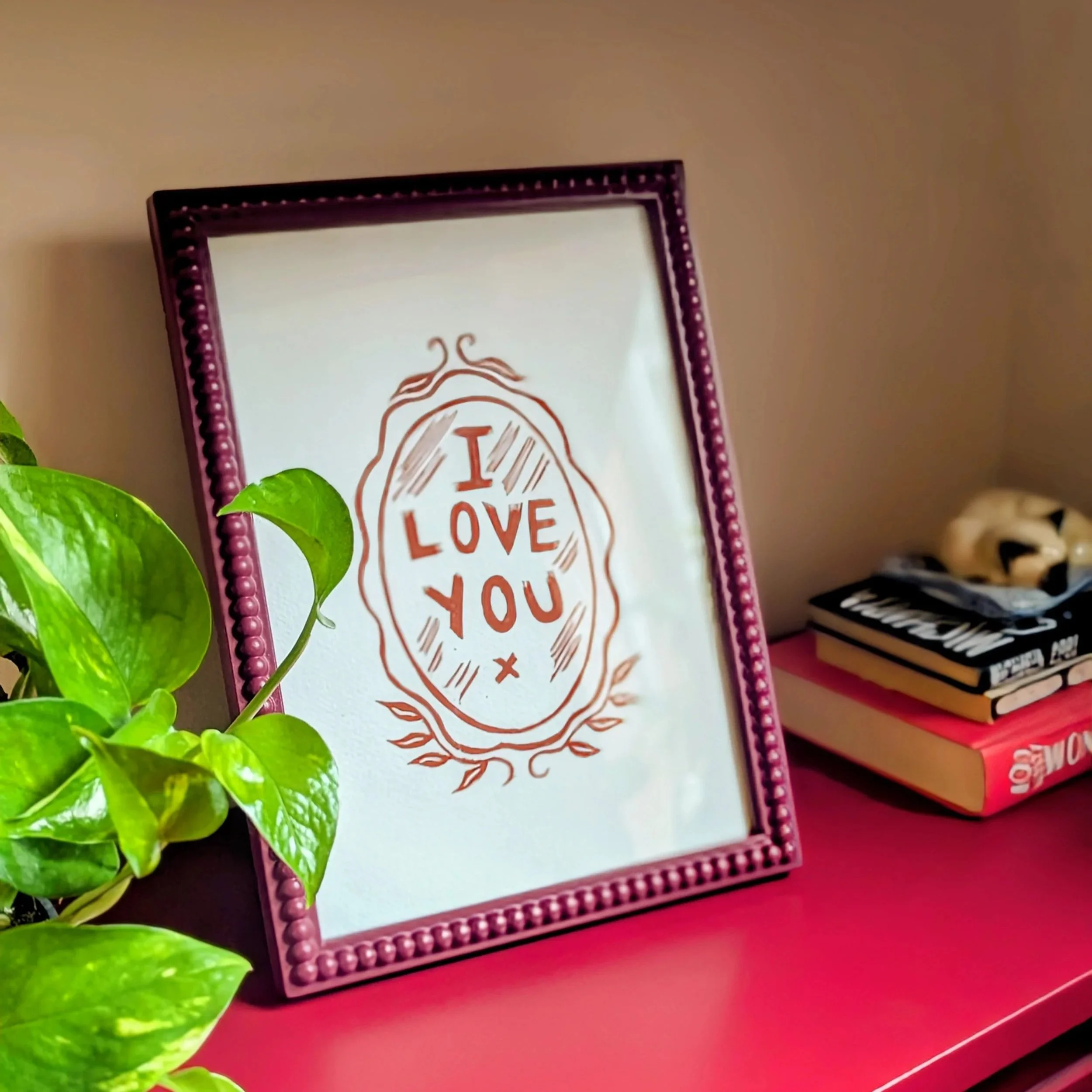 Mirror frame "I love you" lino print