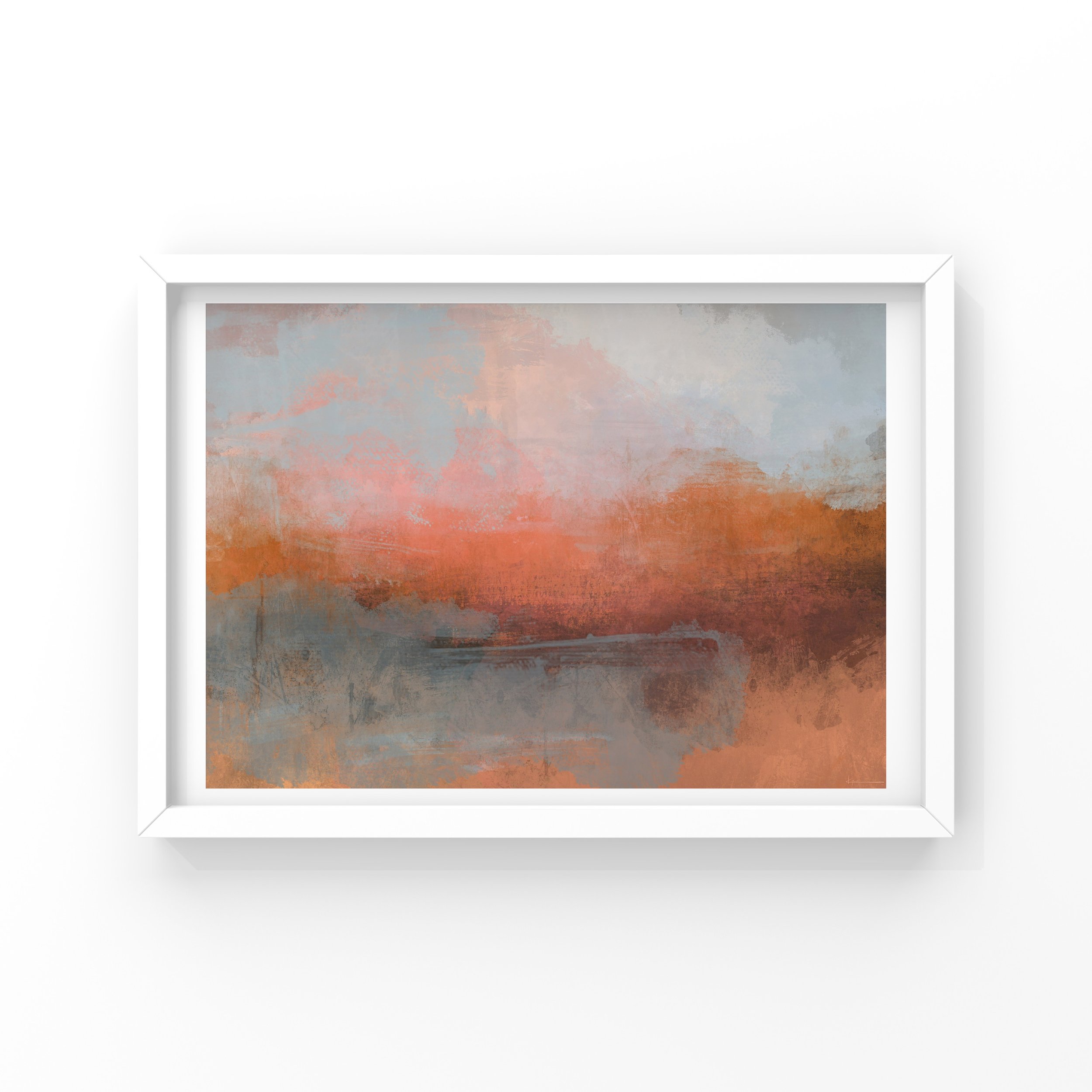 A framed abstract painting with soft pastel colors and textured brushstrokes hanging on a white wall.