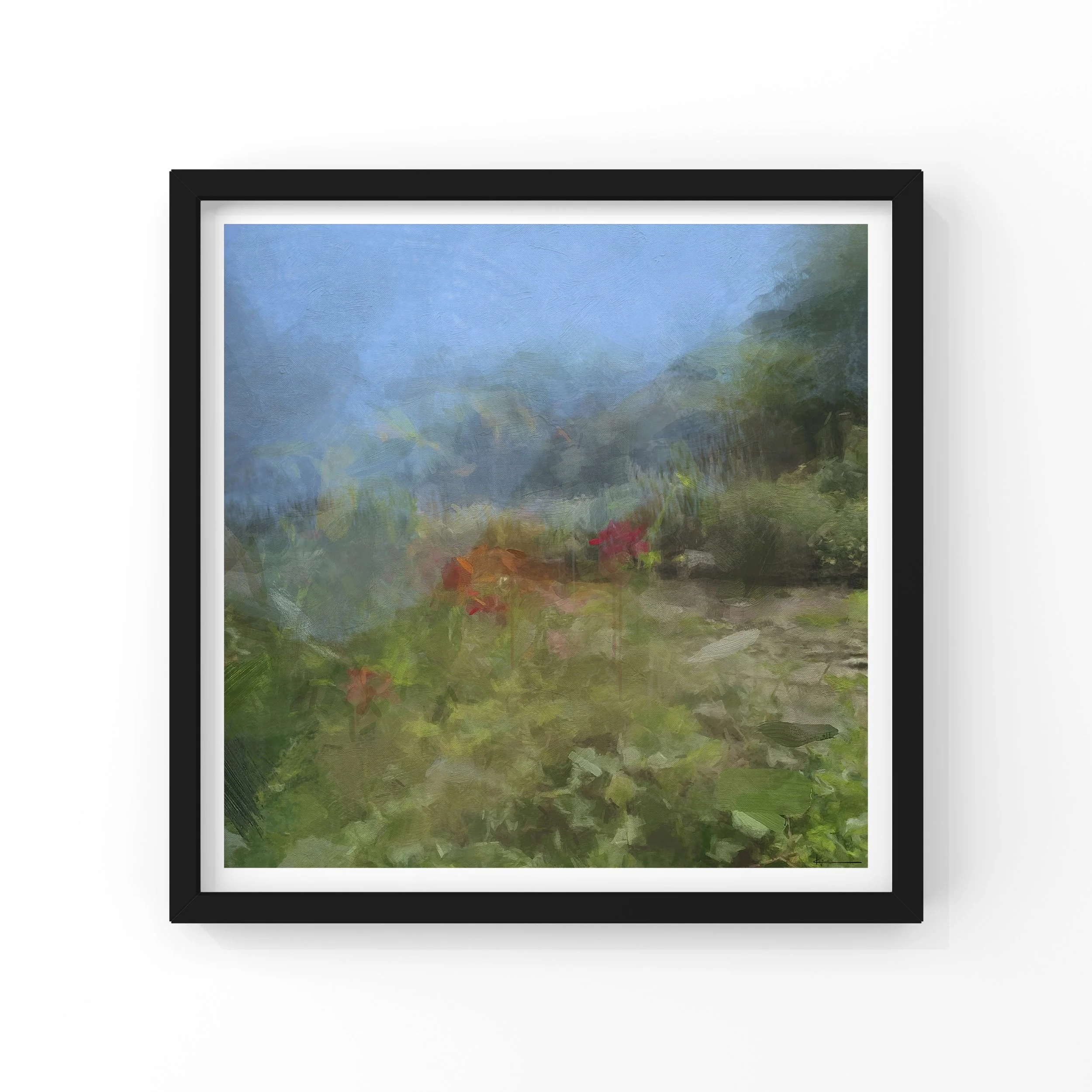Blush of Summer abstract garden art print with crimson flowers and soft blue sky, contemporary landscape artwork from KYCO’s Element Collection, carbon neutral fine art print.