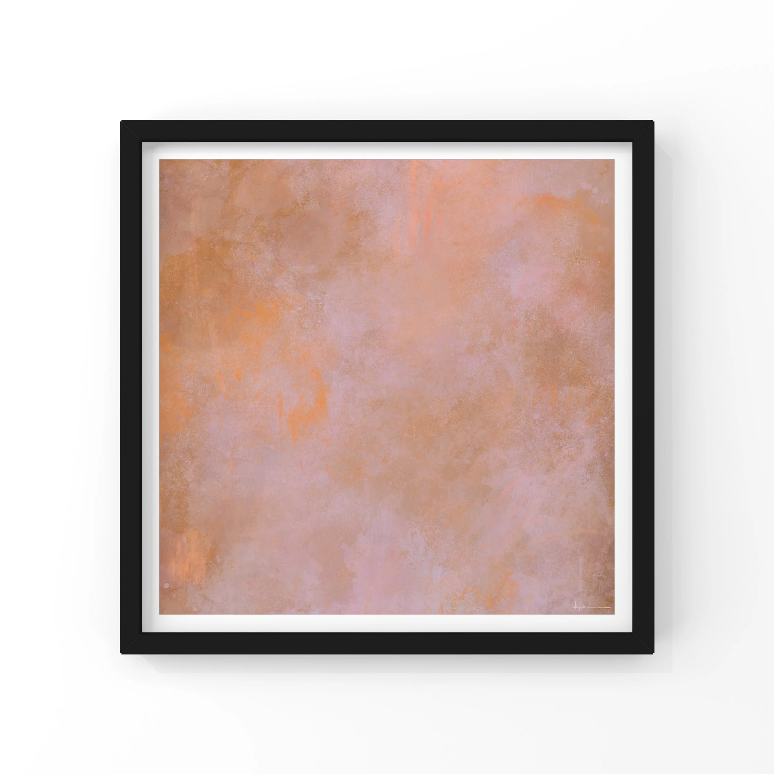 Framed artwork with abstract earthy tones on a white wall.
