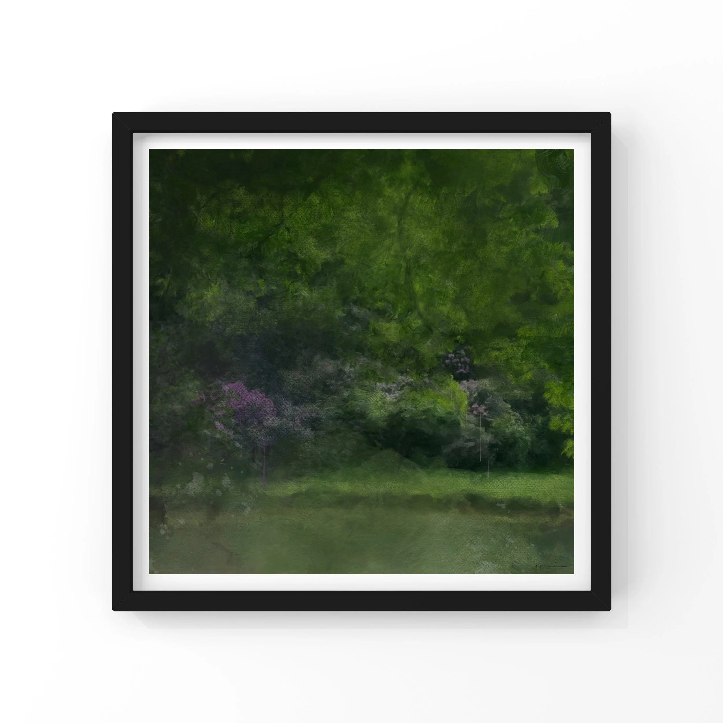 Dusken Vale abstract woodland art print with deep purple blooms and green tones, atmospheric dusk landscape artwork from KYCO’s Element Collection, carbon neutral fine art print.