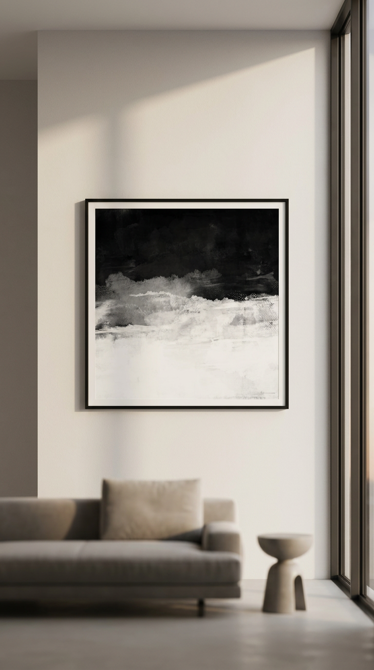 Modern living room with abstract black and white art hanging above beige sofa and small side table near floor-to-ceiling window.