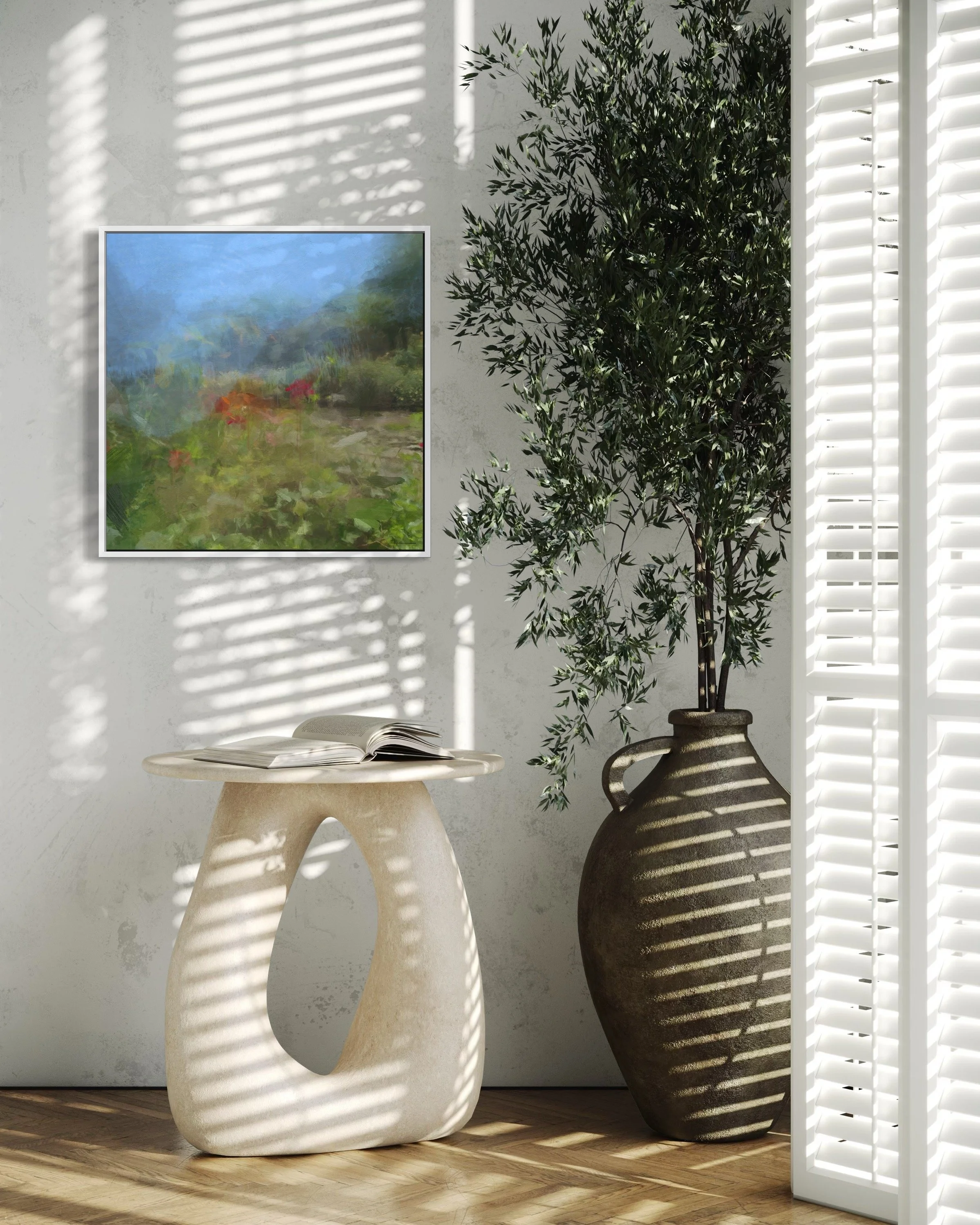 Blush of Summer abstract garden art print with crimson flowers and soft blue sky, contemporary landscape artwork from KYCO’s Element Collection, carbon neutral fine art print.