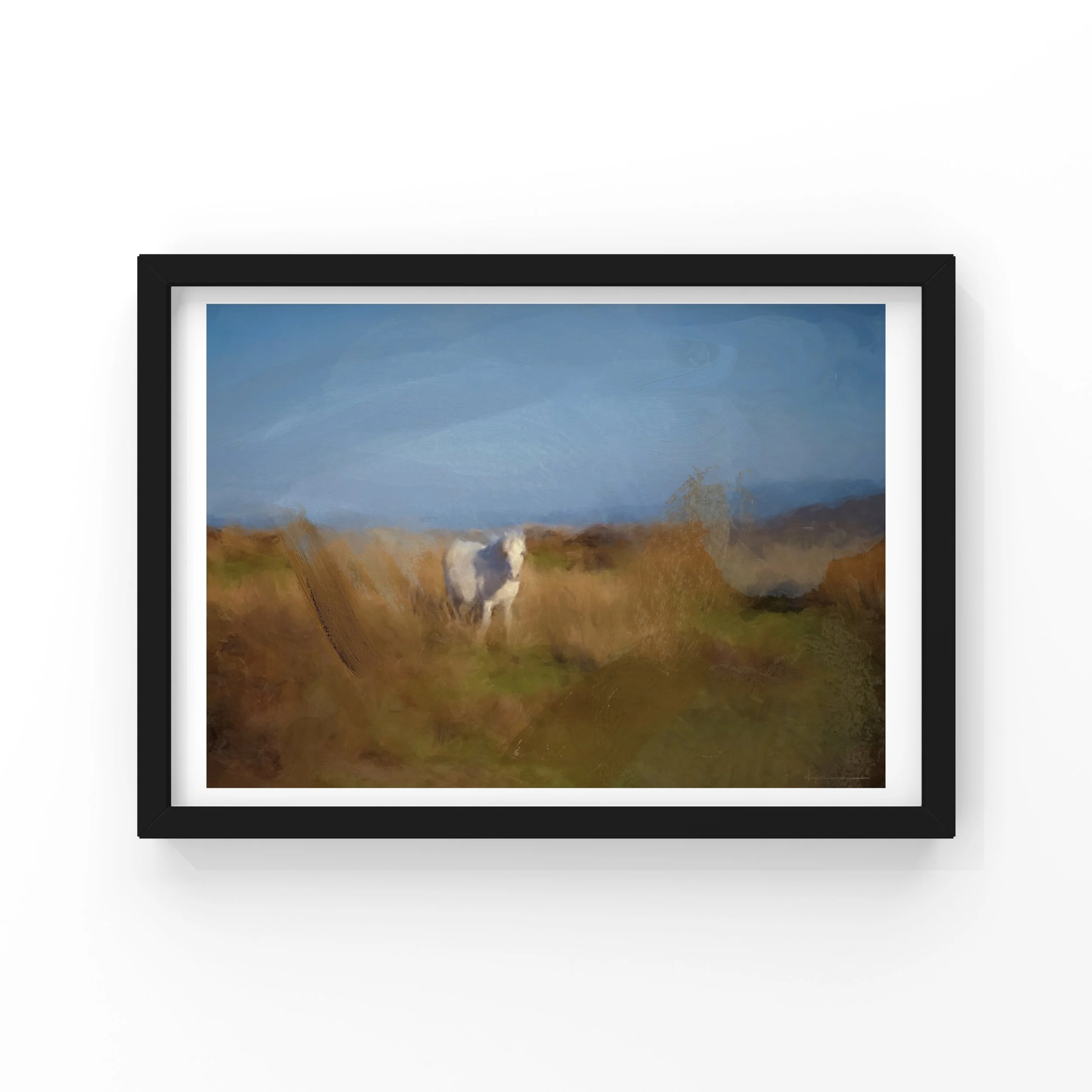 White horse in landscape art print by Kyco, framed abstract artwork